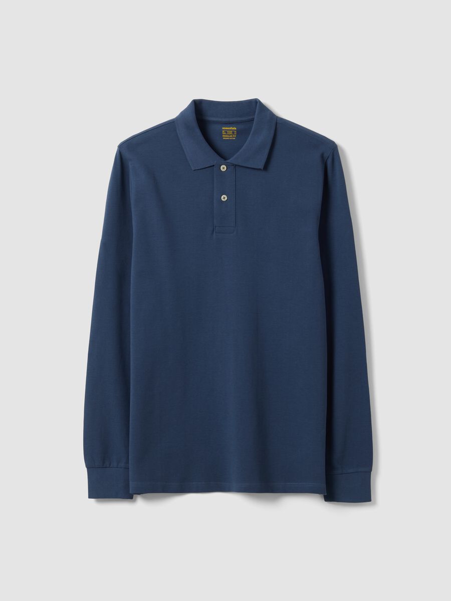 Polo blu in piquet di puro cotone organico a maniche lunghe regular fit_4