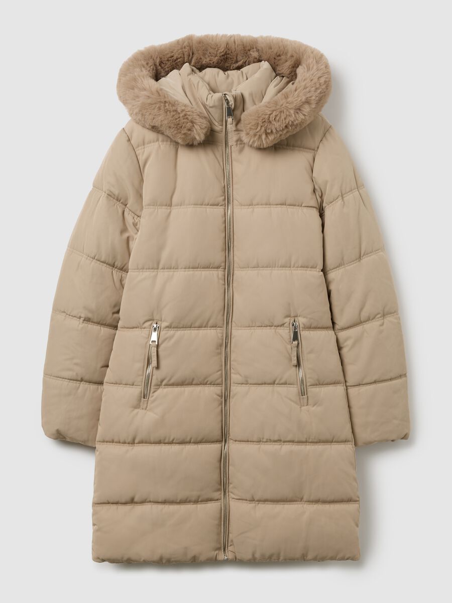 Black regular fit long padded jacket with hood and zip_4