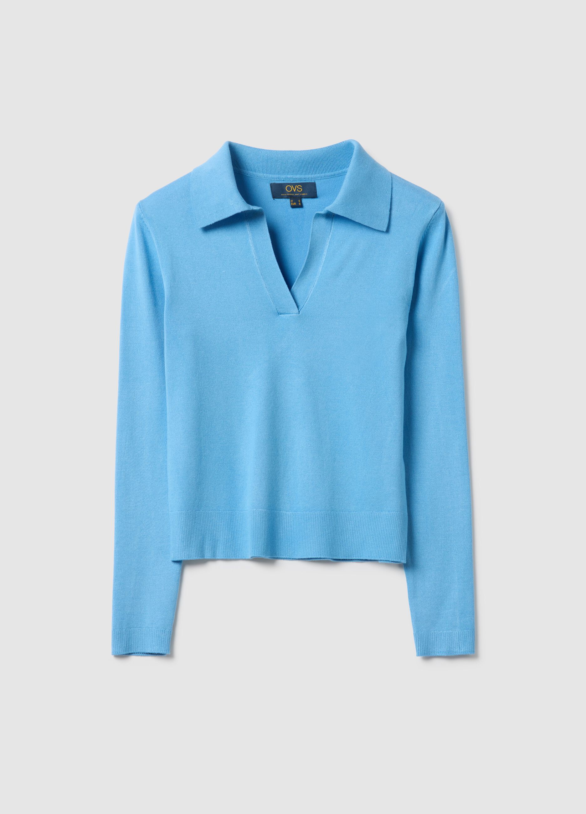 Regular fit blue viscose jumper with polo neck