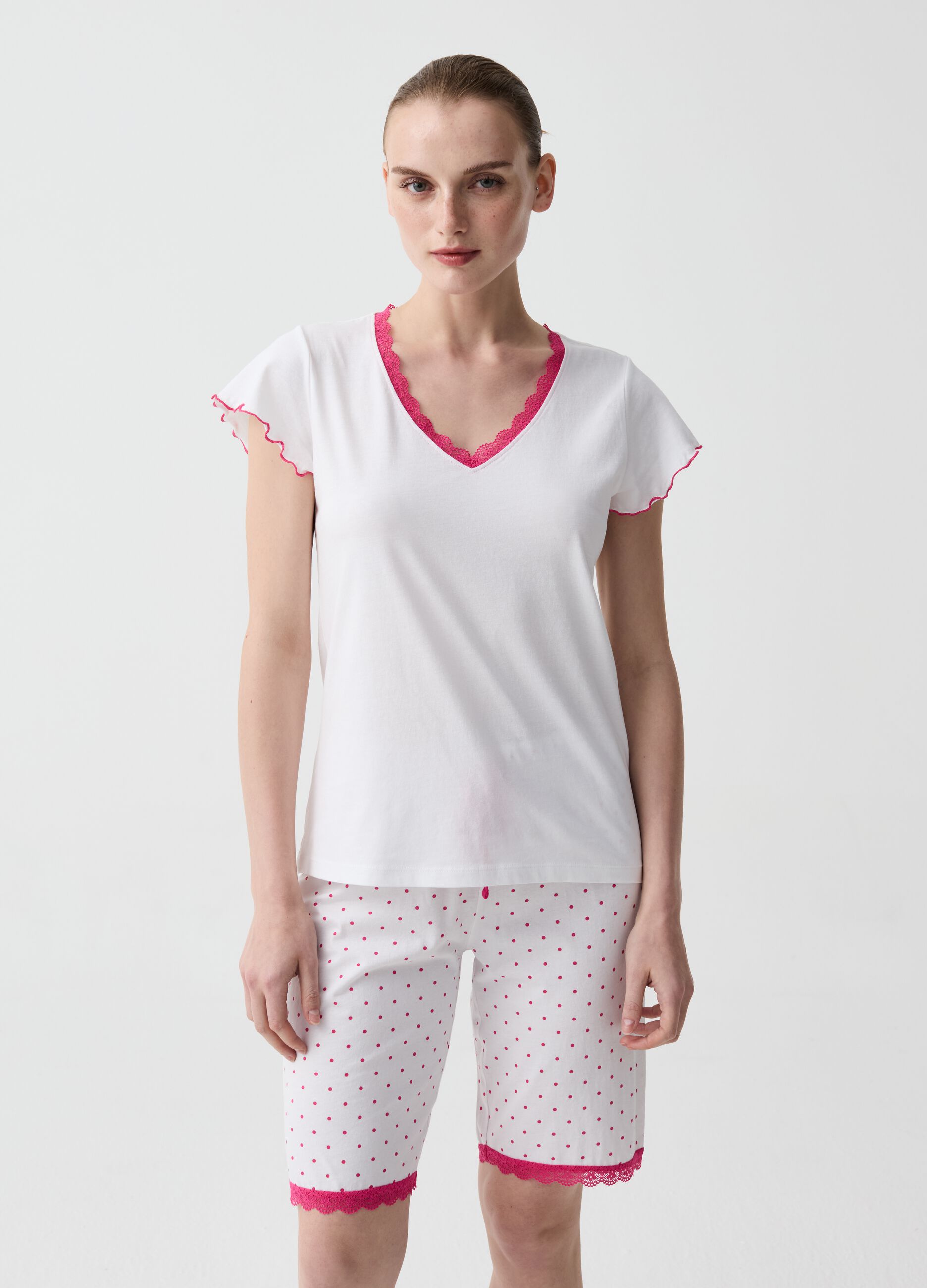 Ovs Pantalone pigiama corto a pois con pizzo