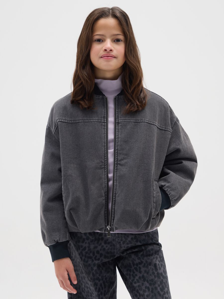 Girls' oversized grey cotton bomber jacket_0