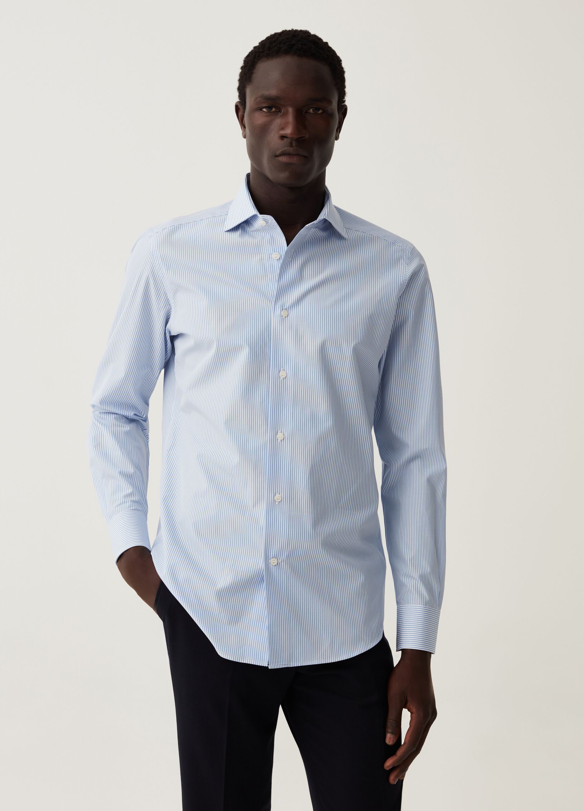 Camicia slim fit in cotone a righe_0