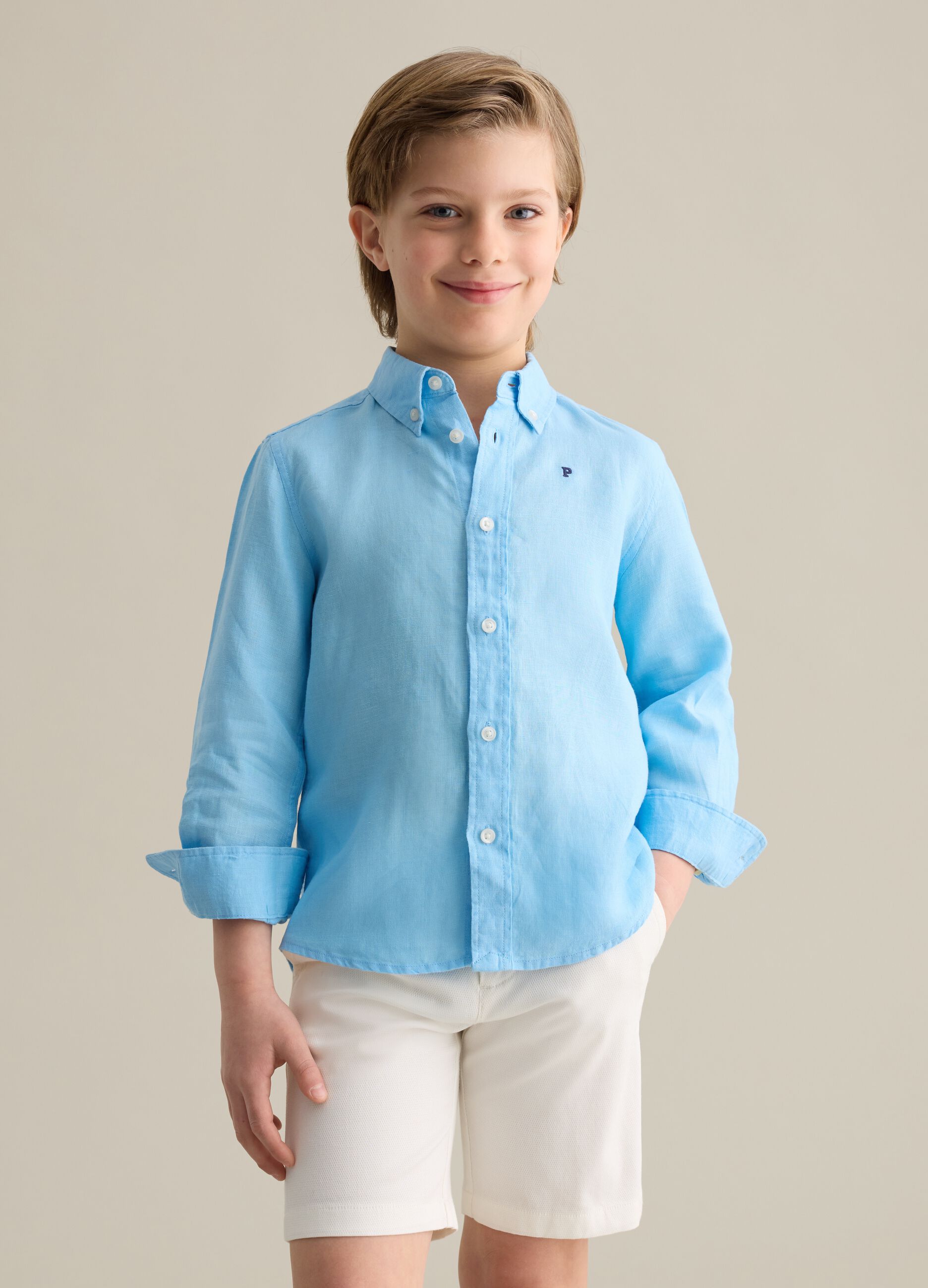 Light blue linen shirt with logo embroidery