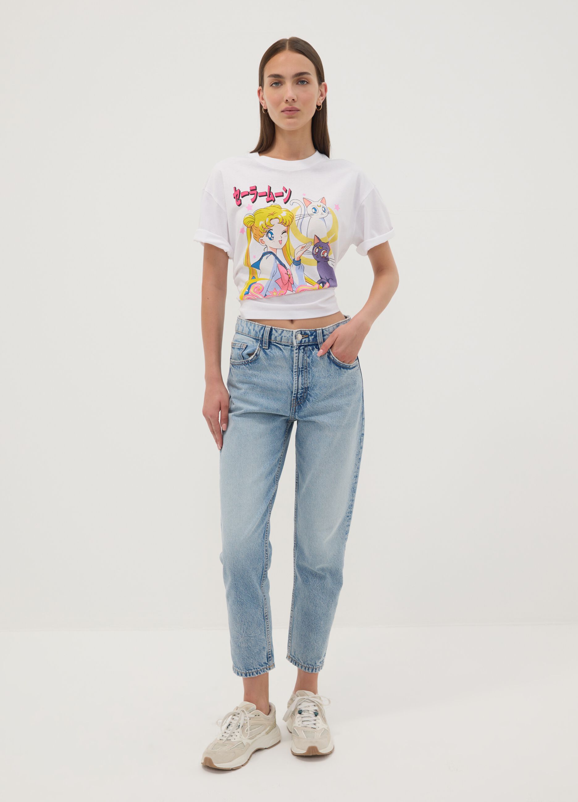 White pure cotton Sailor Moon print T-shirt, regular fit