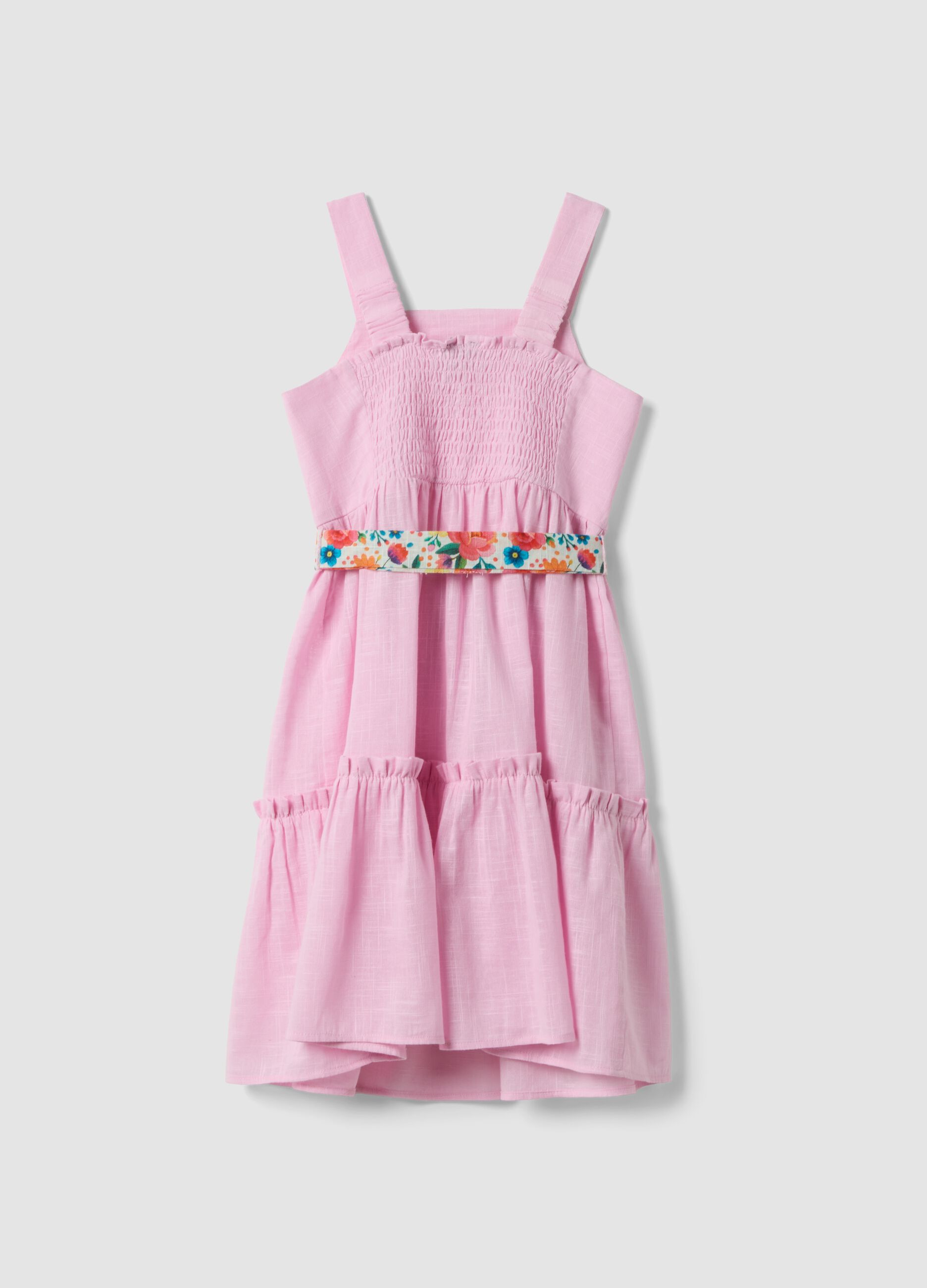 Girls' regular fit pink pure cotton dress with floral belt