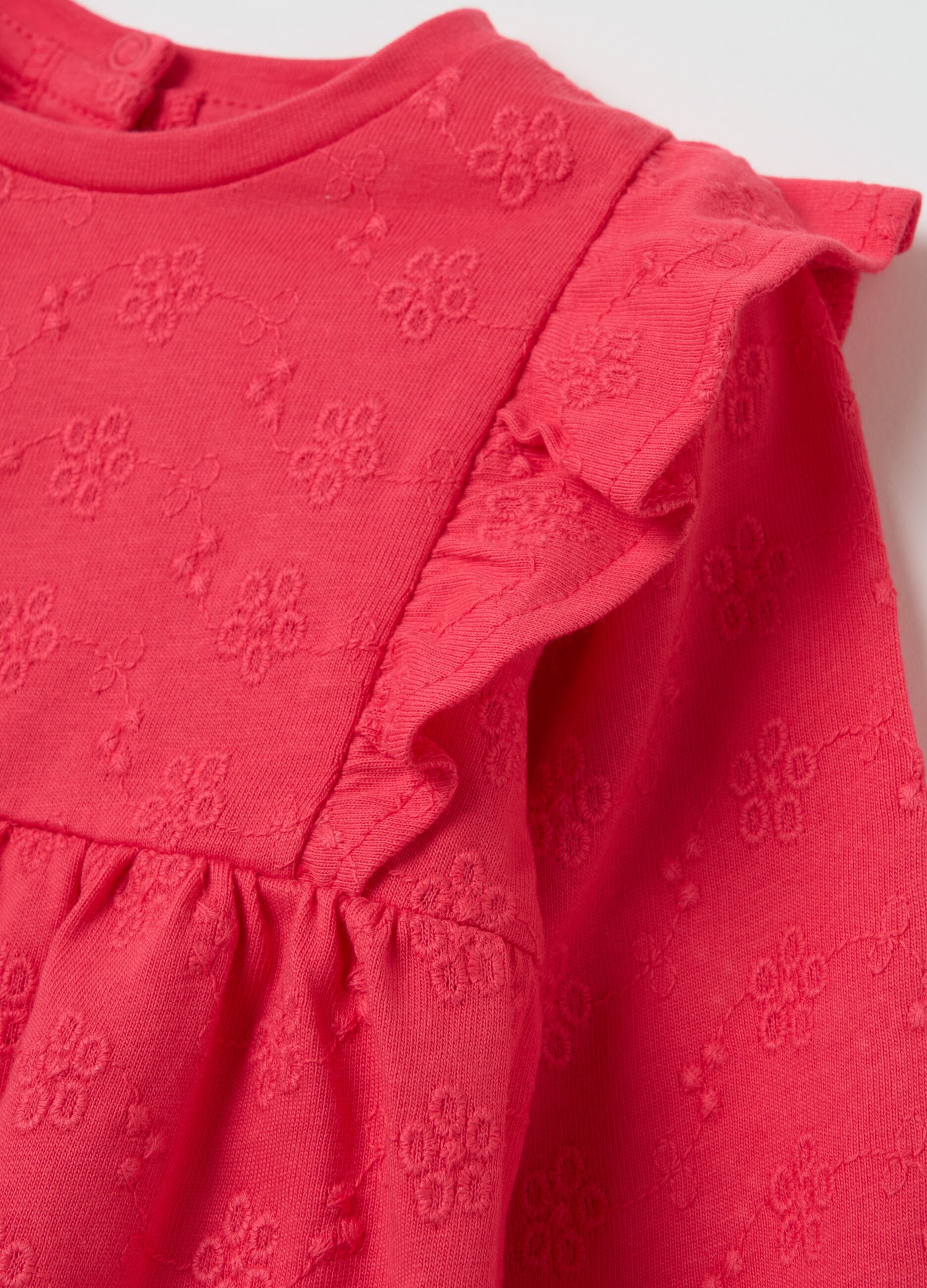 Floral T-shirt in broderie anglaise with flounce