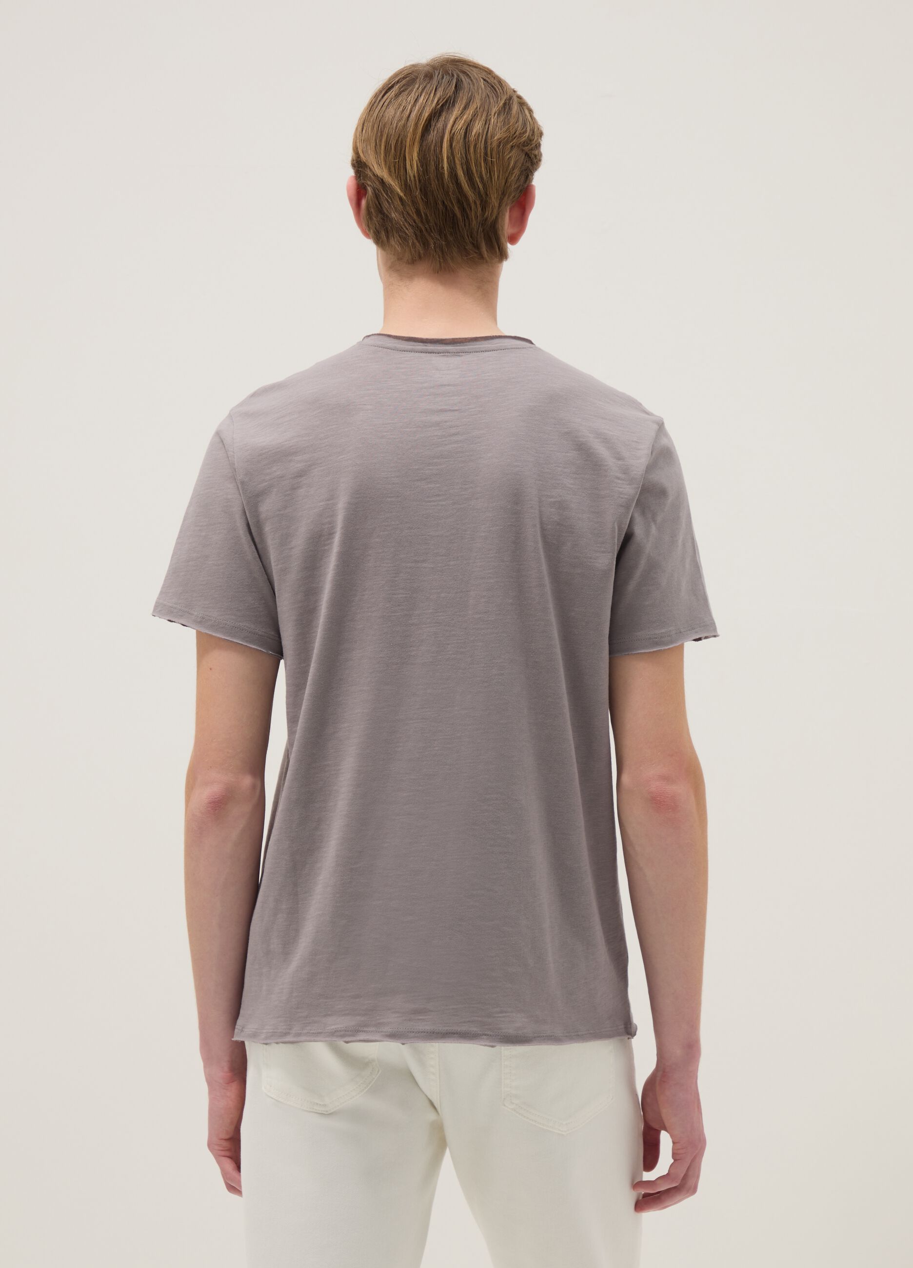 Grey pure cotton regular fit T-shirt with henley collar
