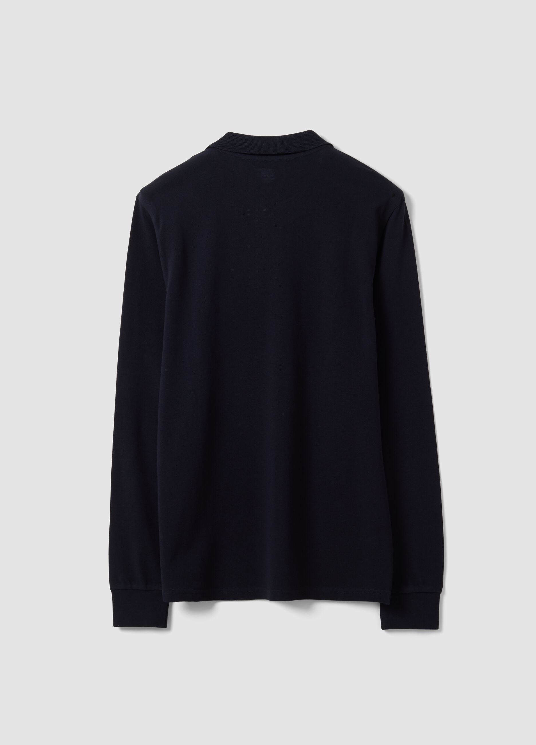 Blue long-sleeved regular-fit polo shirt in pure organic cotton piqu&eacute;