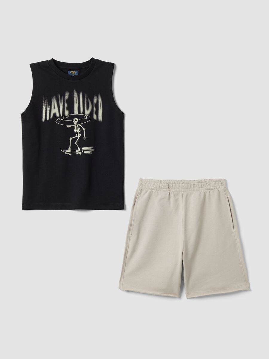 Blue and beige pure cotton set with vest and shorts_3