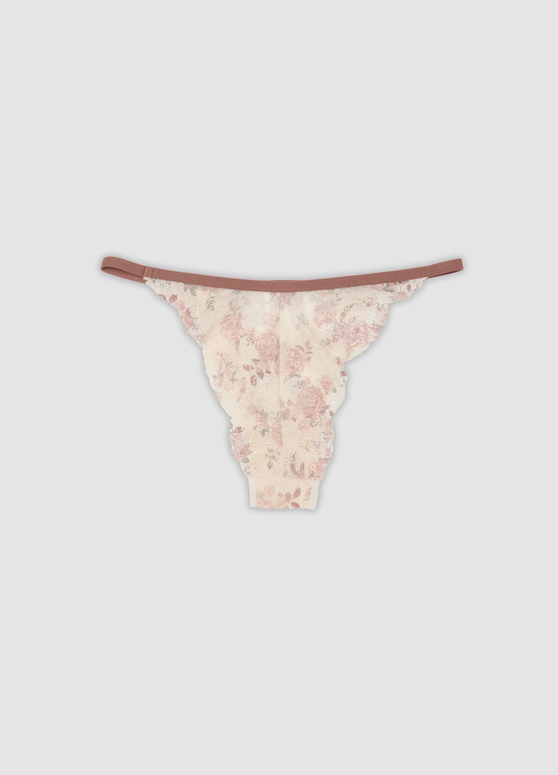 Slip beige in cotone organico con stampa floreale e pizzo