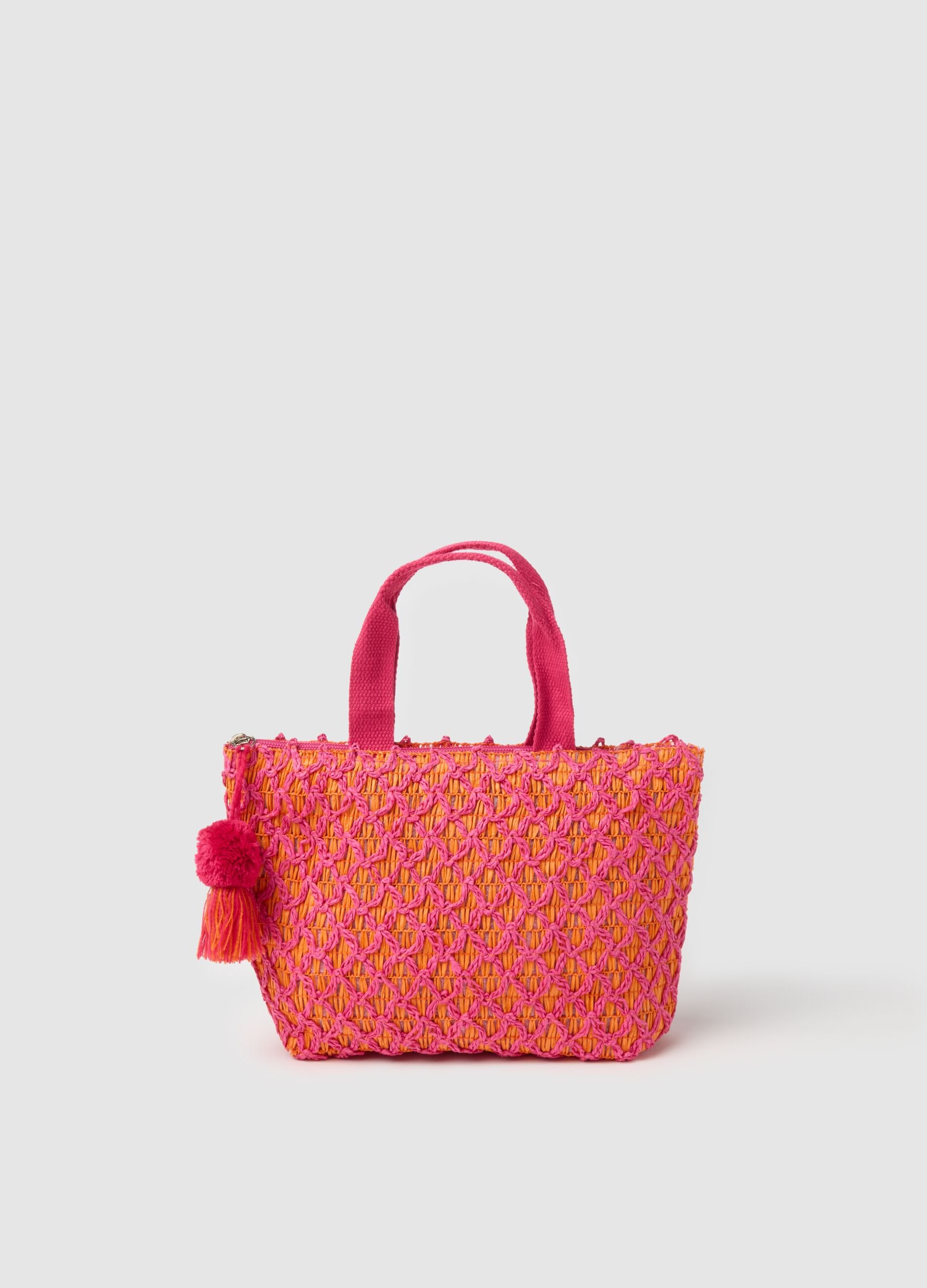 Maxi bag in fuchsia and orange raffia