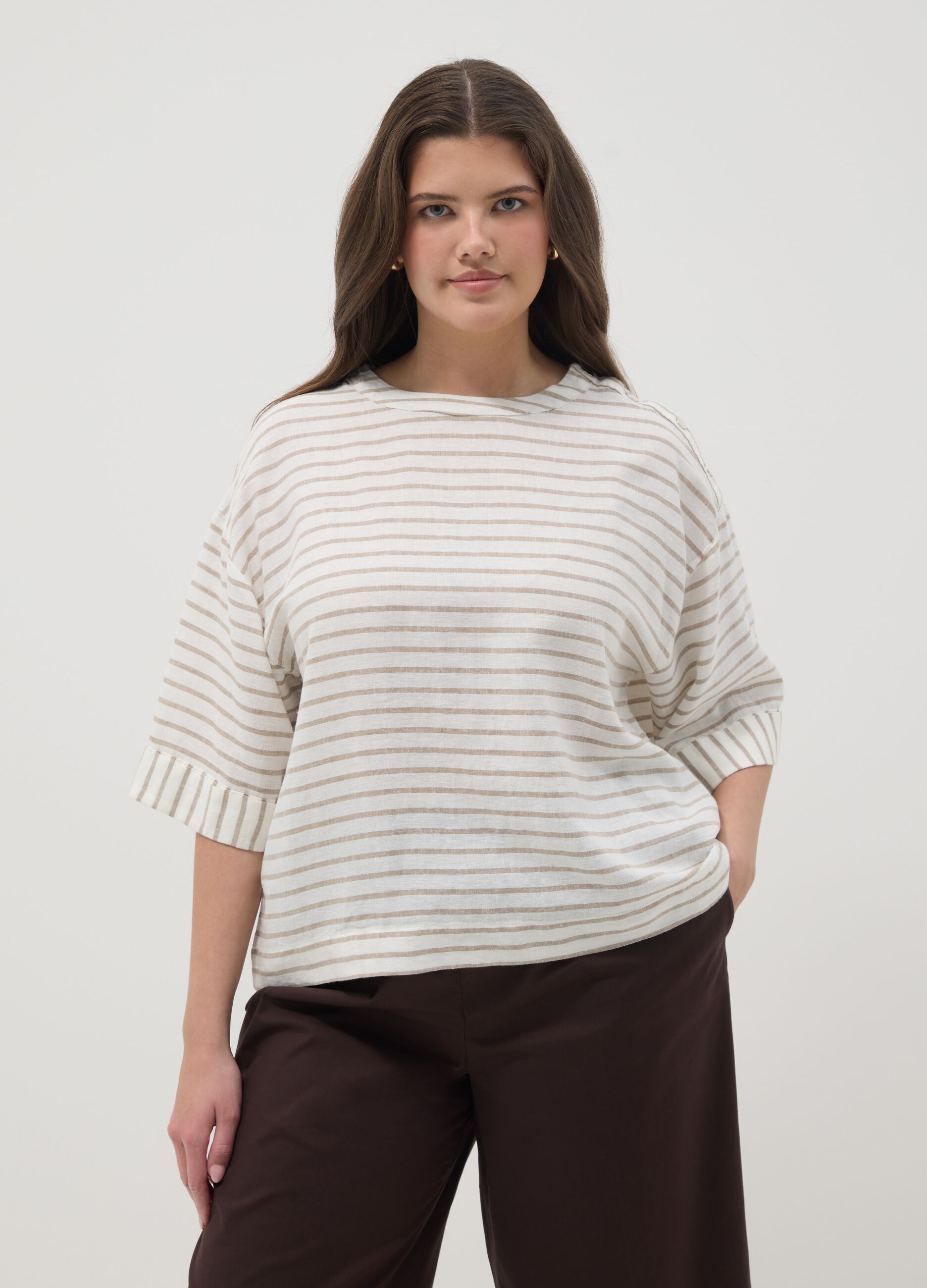 Multicolour striped linen blend regular fit t-shirt