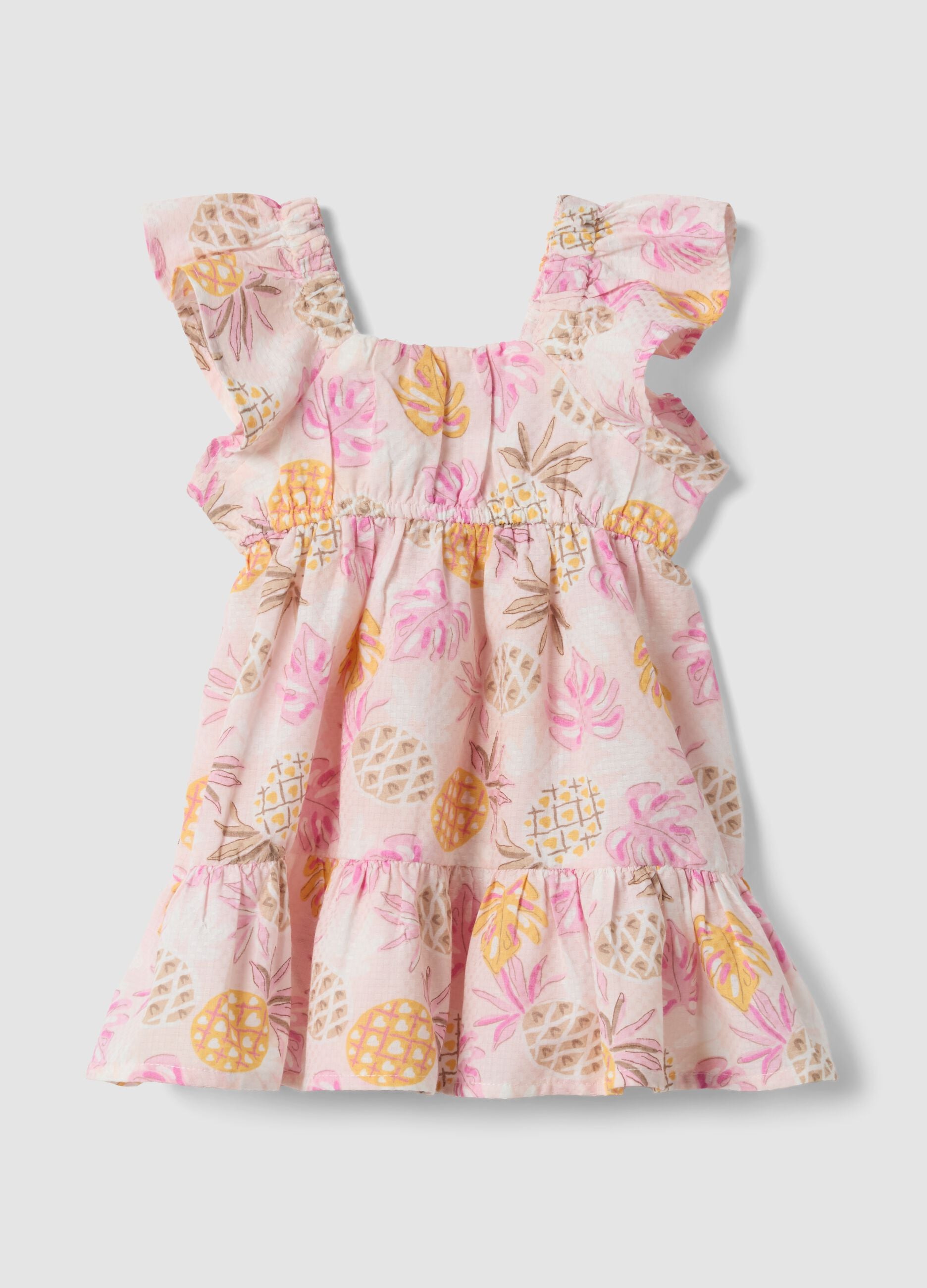 Pink pure cotton dress with tropical print