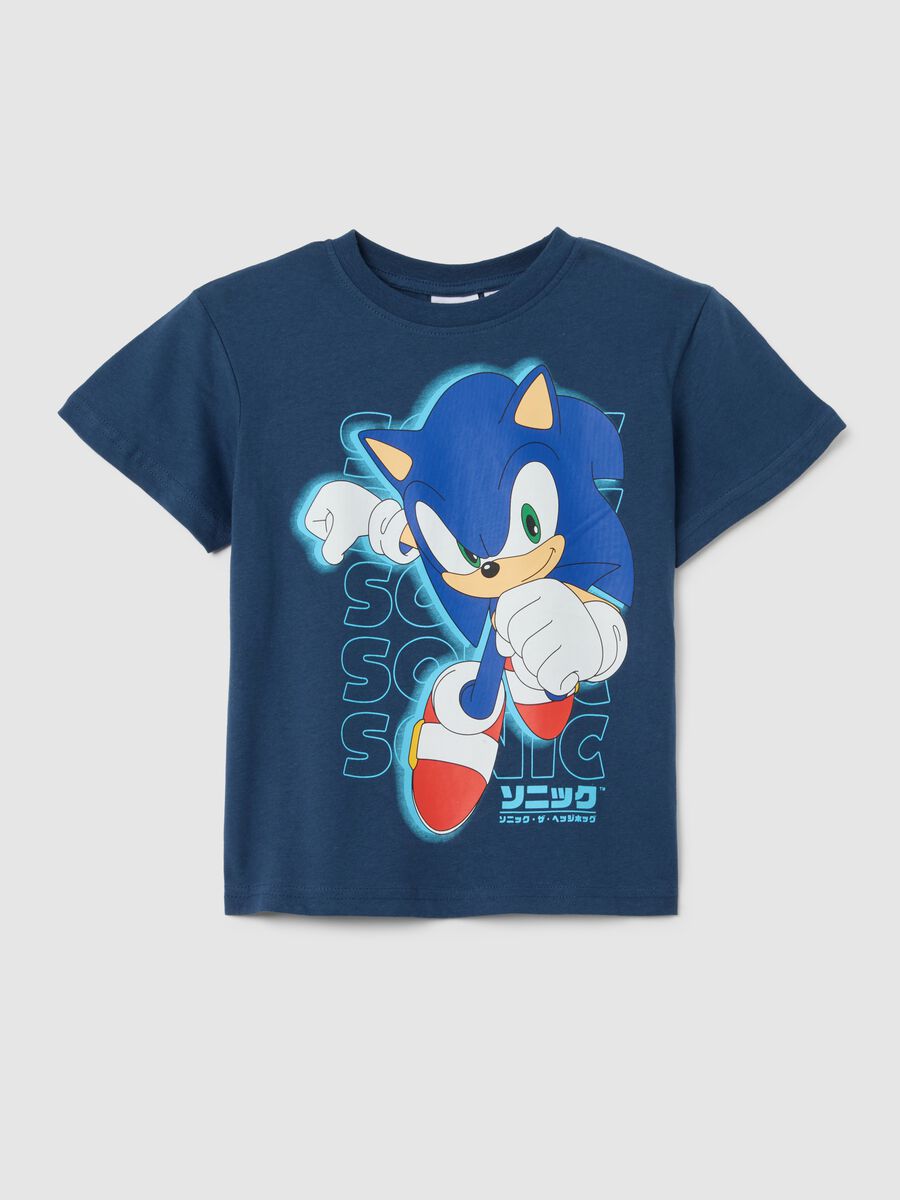 T-shirt da bambino in puro cotone blu regular fit con stampa Sonic_0
