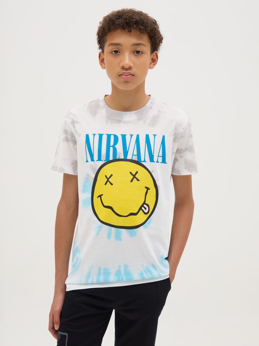 White tie-dye cotton T-shirt with Nirvana print_0