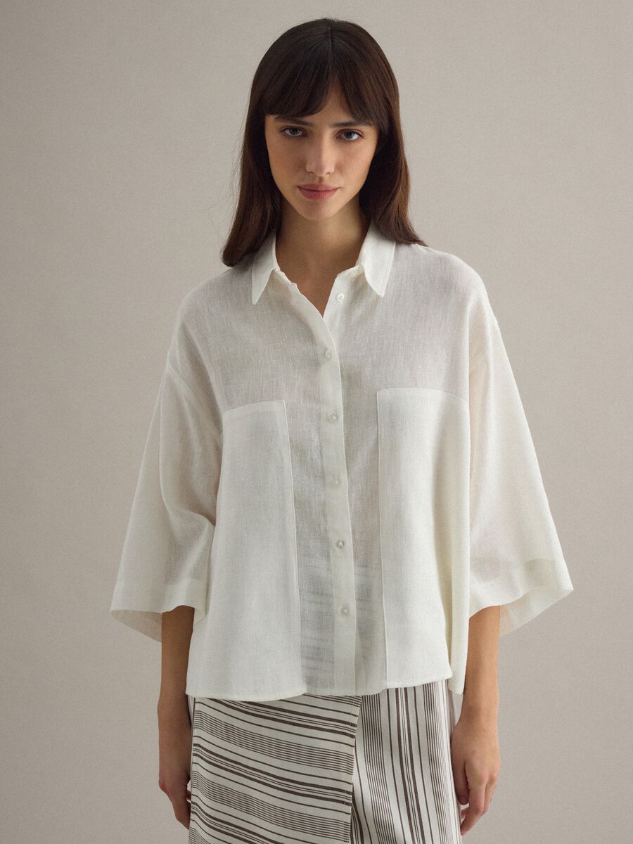 White oversized fit linen blend shirt_0