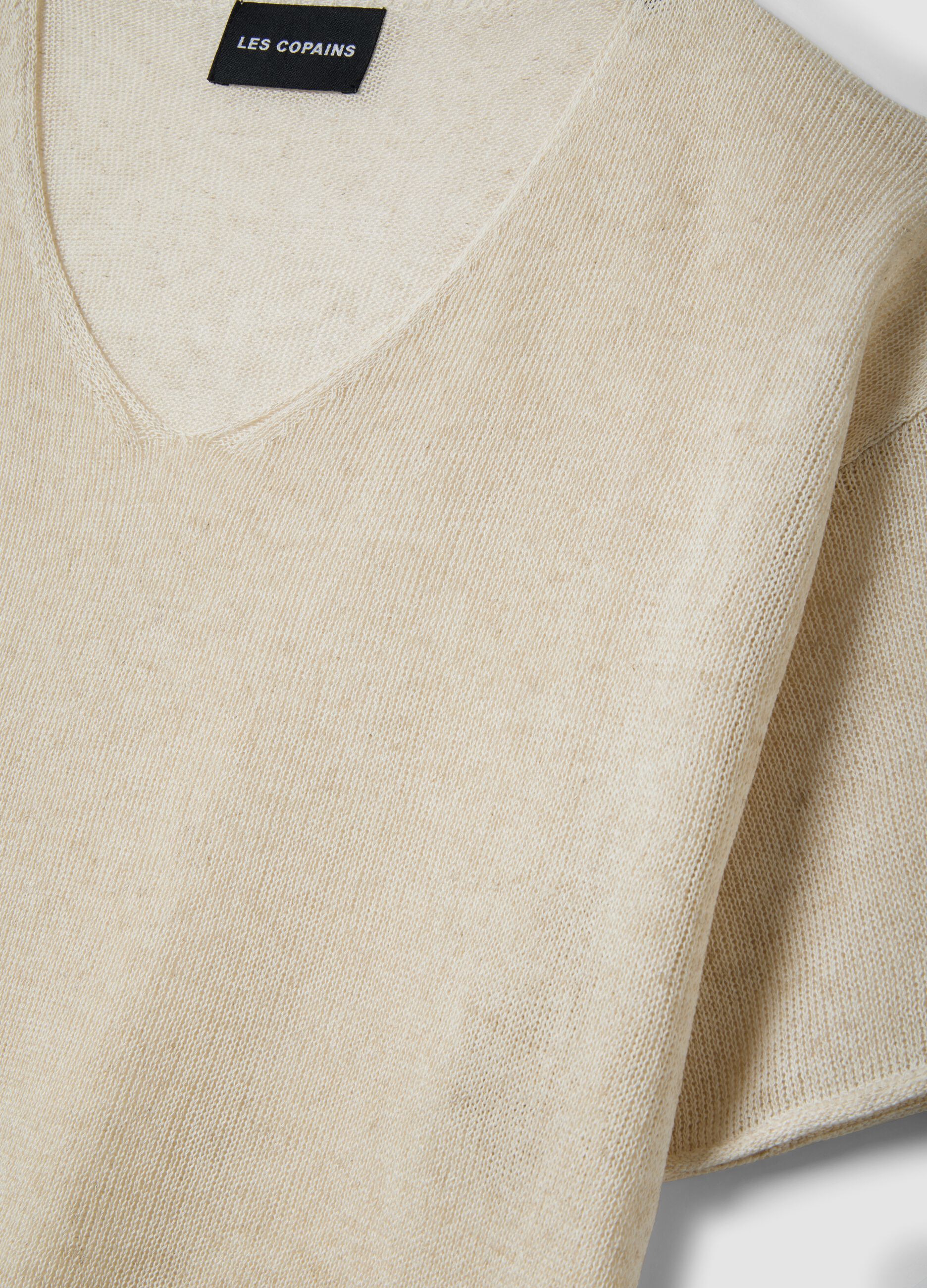 Oversized beige lyocell and linen blend jumper with V-neck