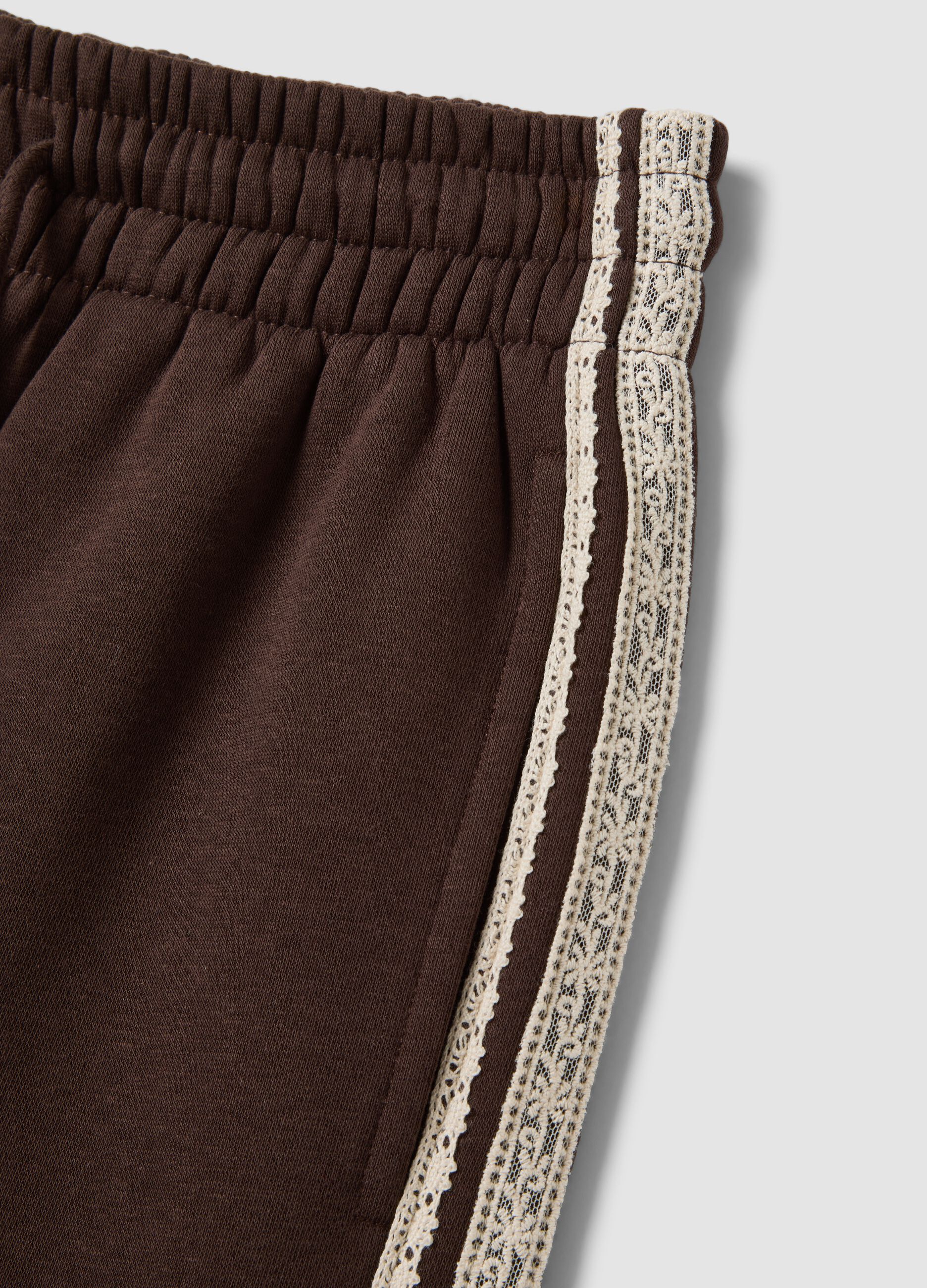 Brown cotton-blend wide-leg trousers with lace detailing