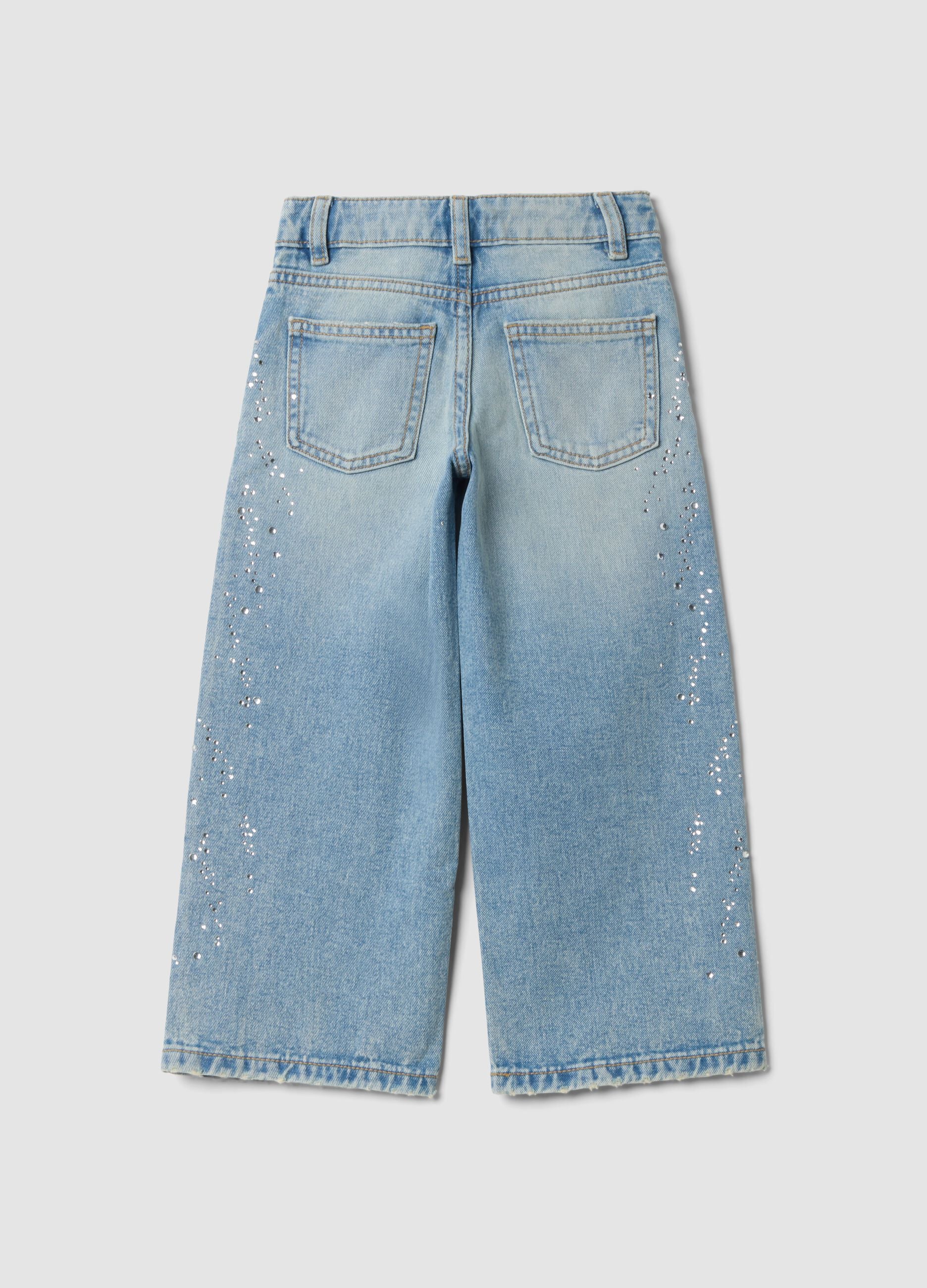 Pure cotton straight-fit denim jeans with rhinestones