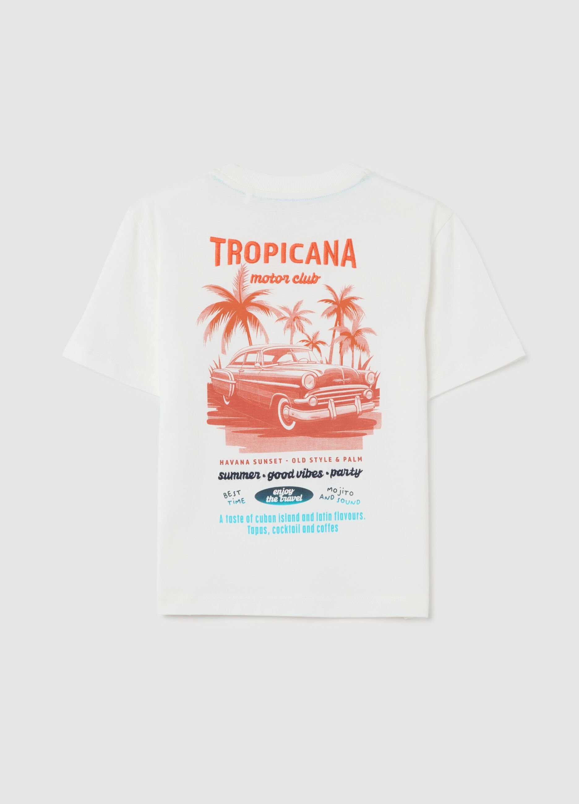 White T-shirt with Tropicana print