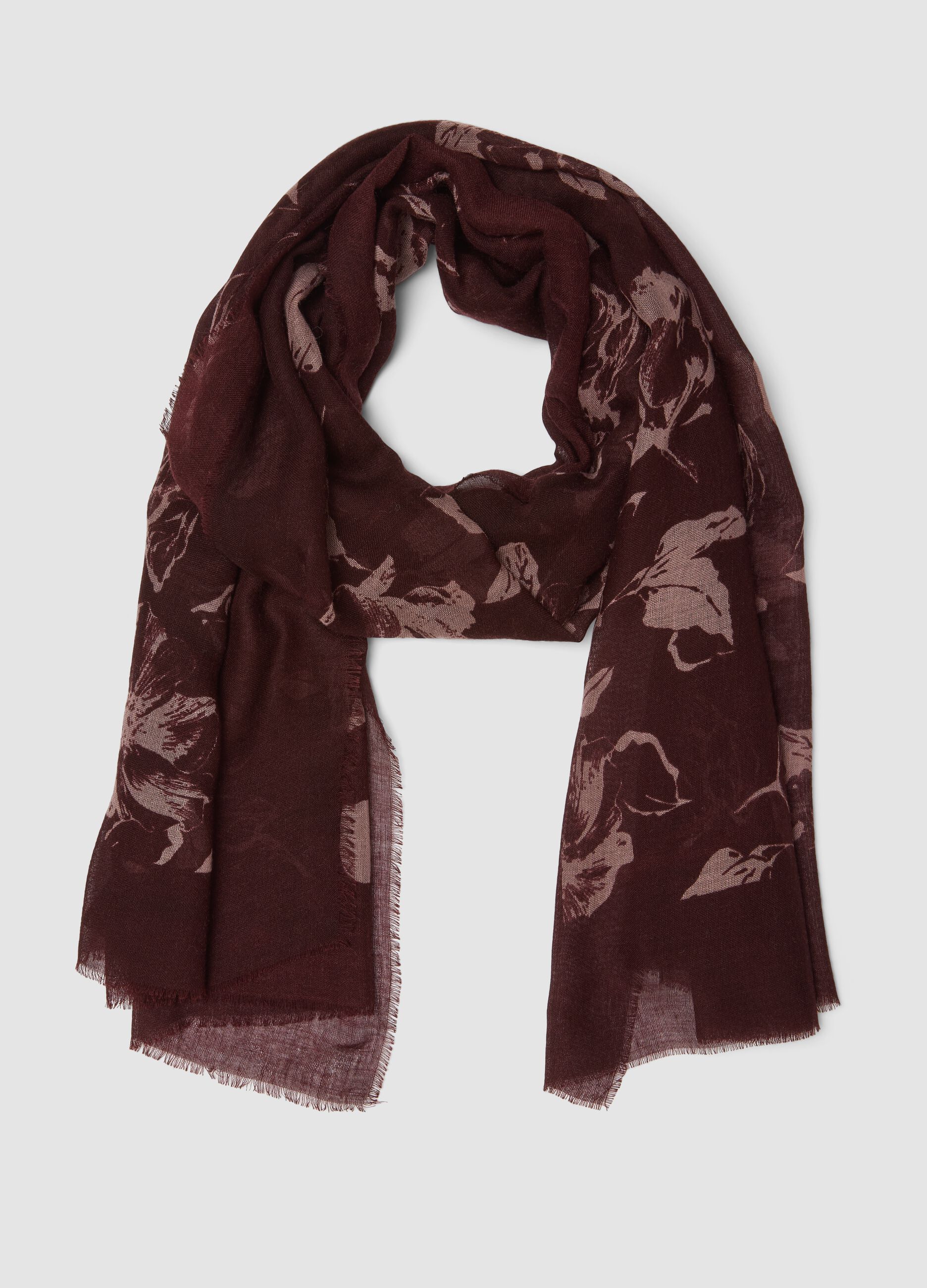 Brown wool-blend scarf with floral pattern