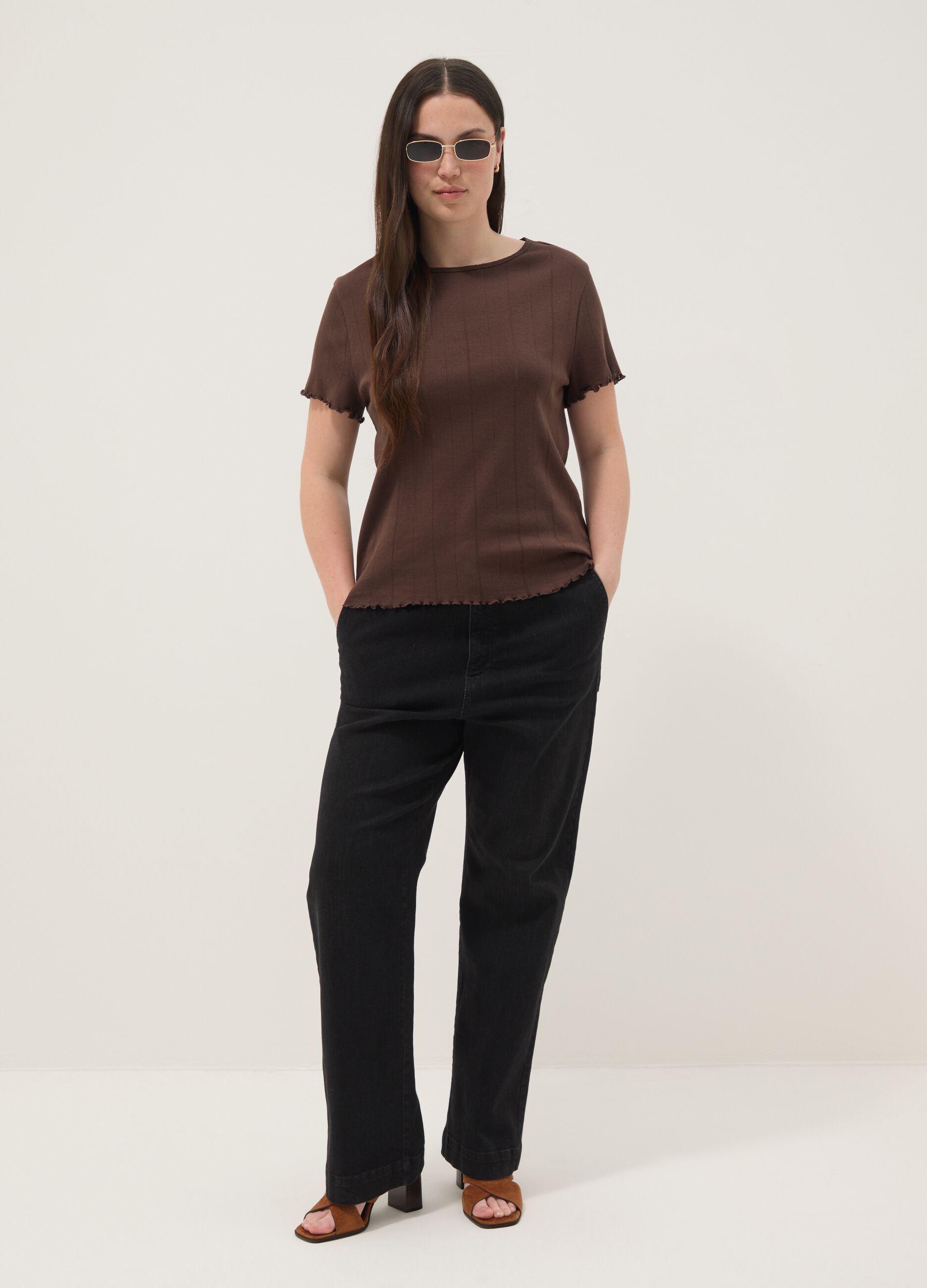 T-shirt in puro cotone marrone a righe regular fit