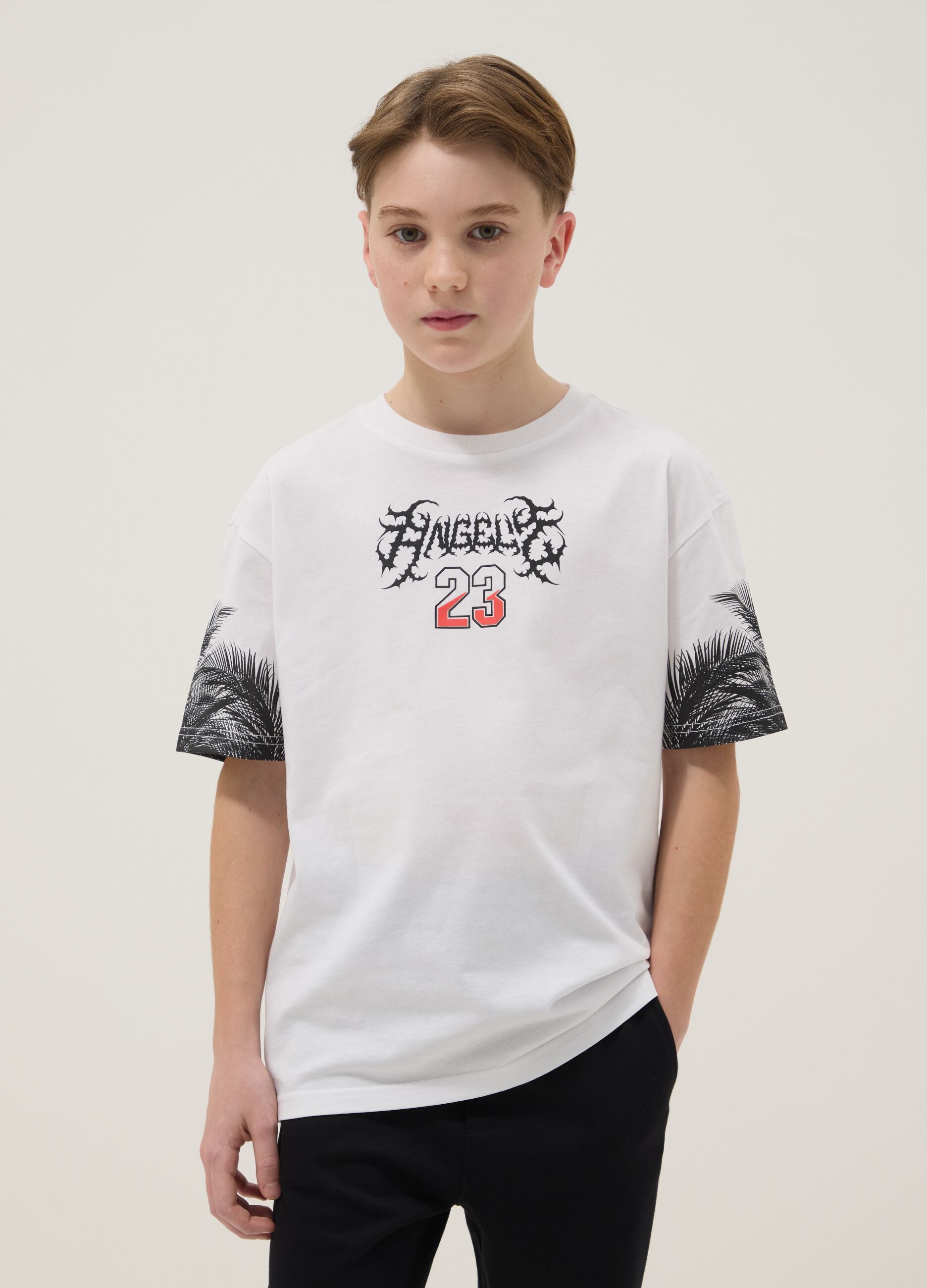 T-shirt in puro cotone bianca da bambino oversize fit con stampe