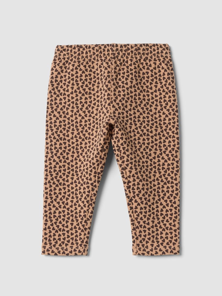 Leggings marroni in cotone elasticizzato con stampa cuori_0
