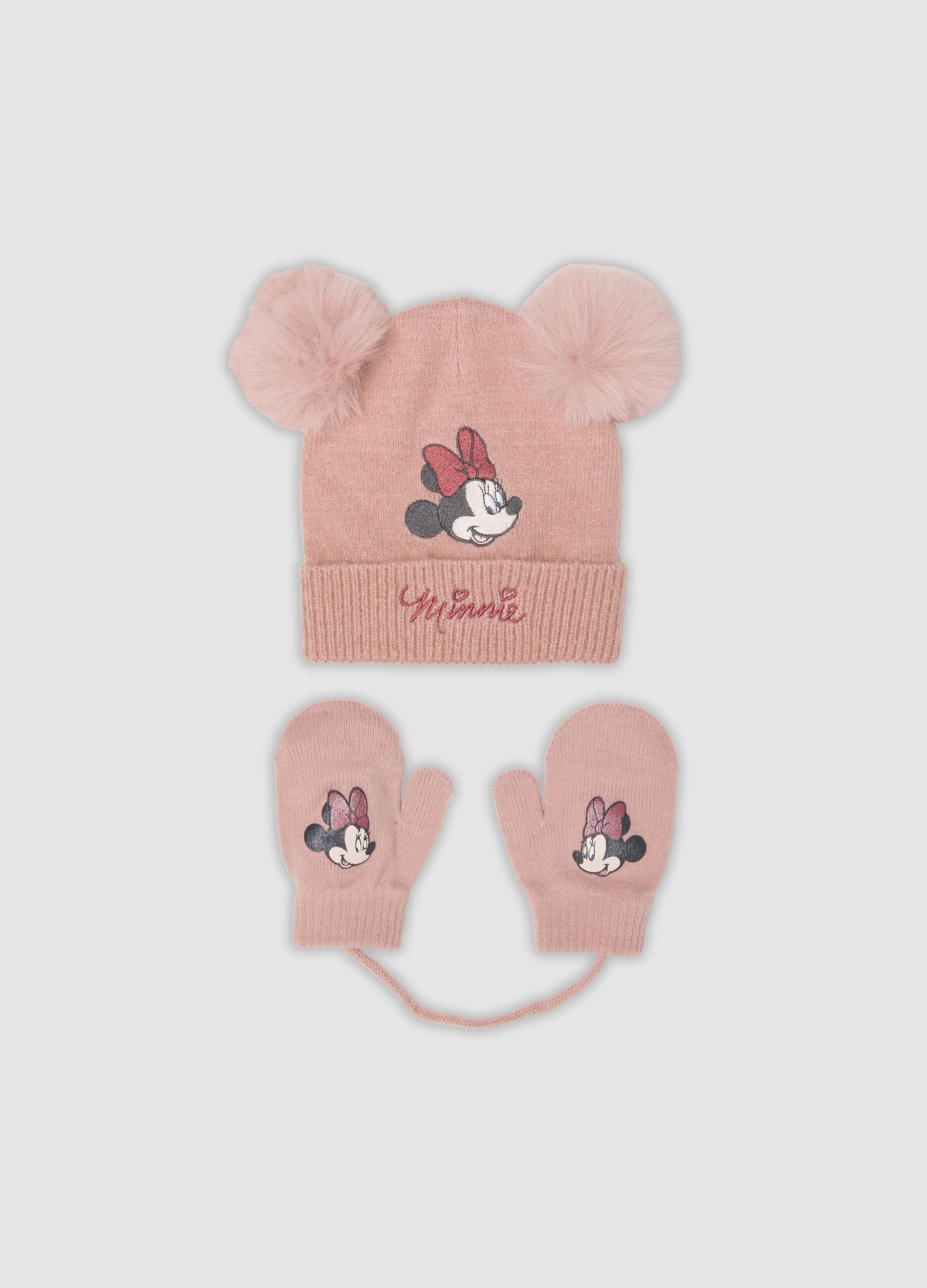 Purple stretch-fabric Minnie-themed set with hat and mittens