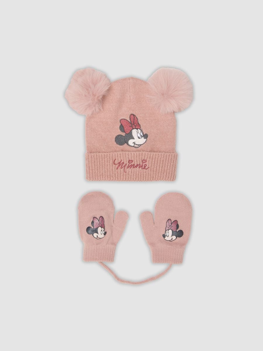 Purple stretch-fabric Minnie-themed set with hat and mittens_0