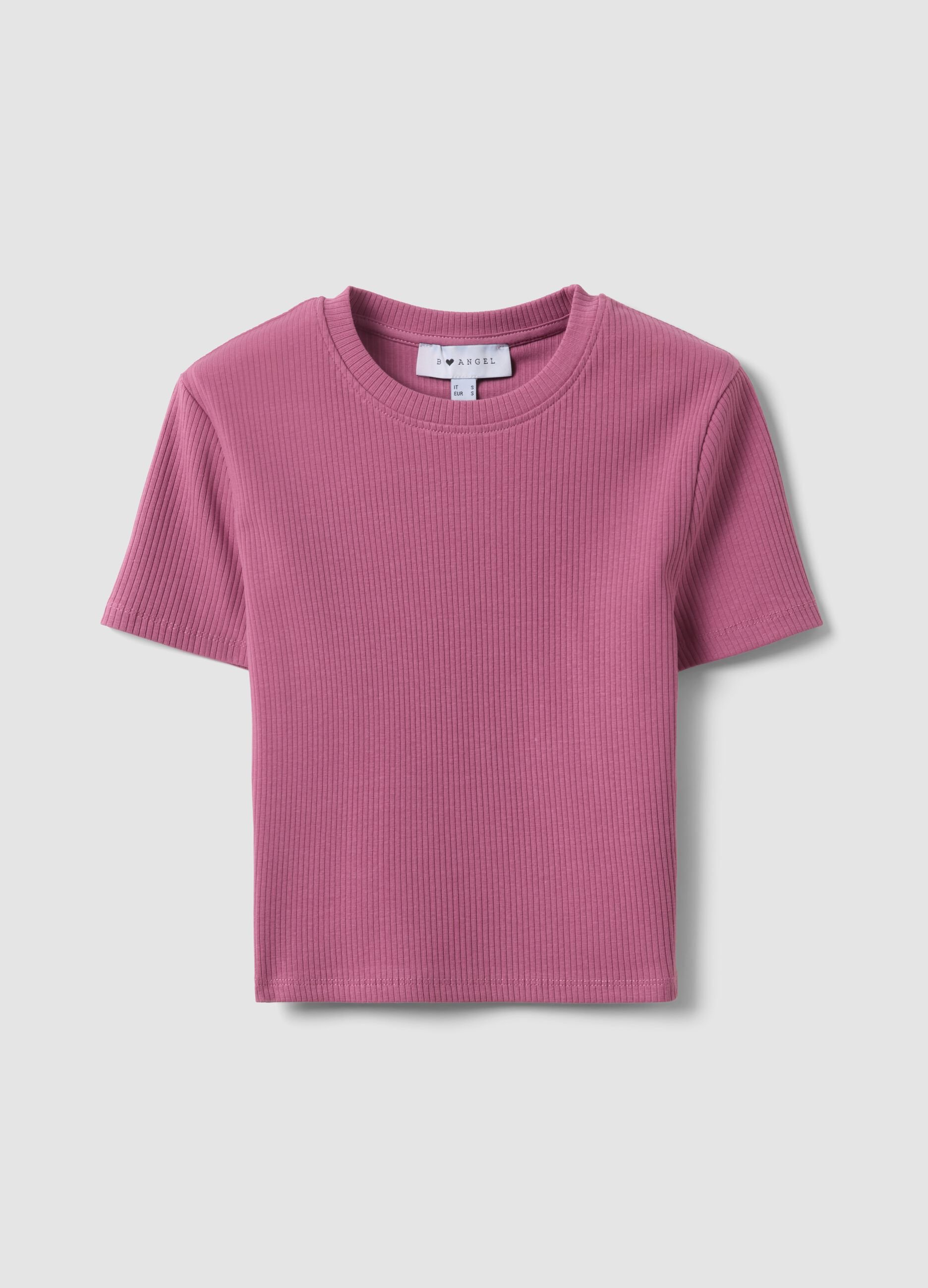 Pink ribbed fitted stretch cotton T-shirt