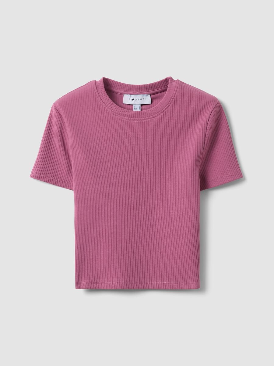 T-shirt fitted in cotone elasticizzato rosa a costine_0