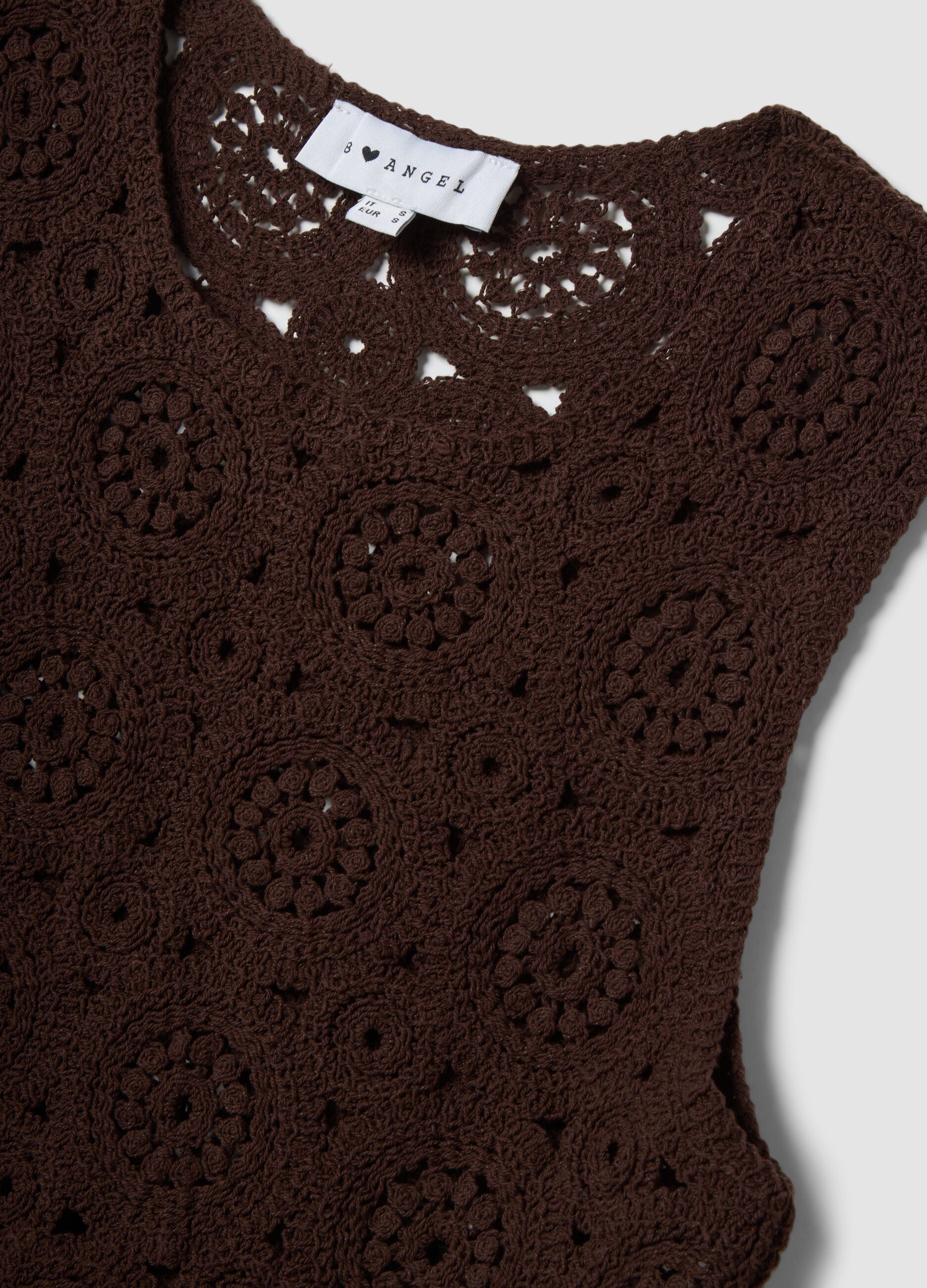 Brown cotton-blend crochet tank top, regular fit
