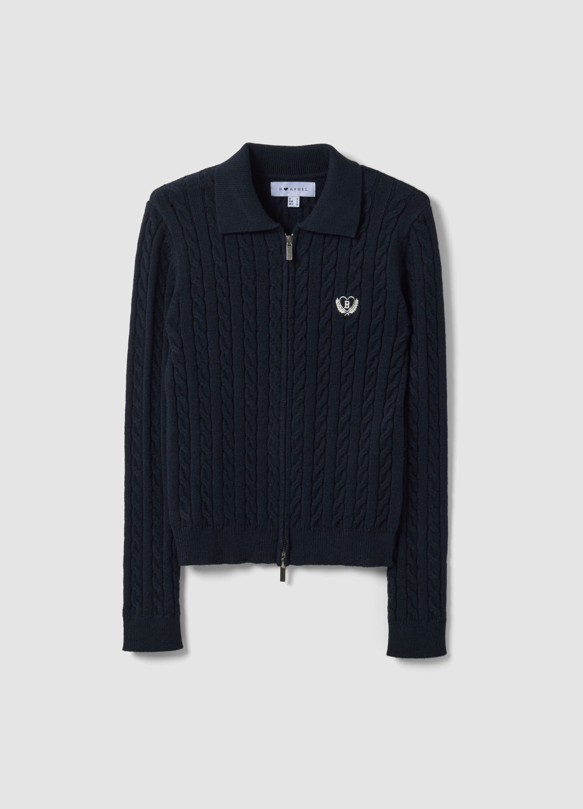 Navy viscose-blend fitted cardigan with polo collar