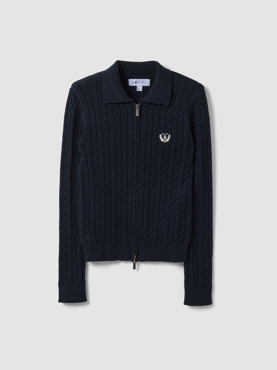 Cardigan blu scuro in misto viscosa con collo polo fitted_4