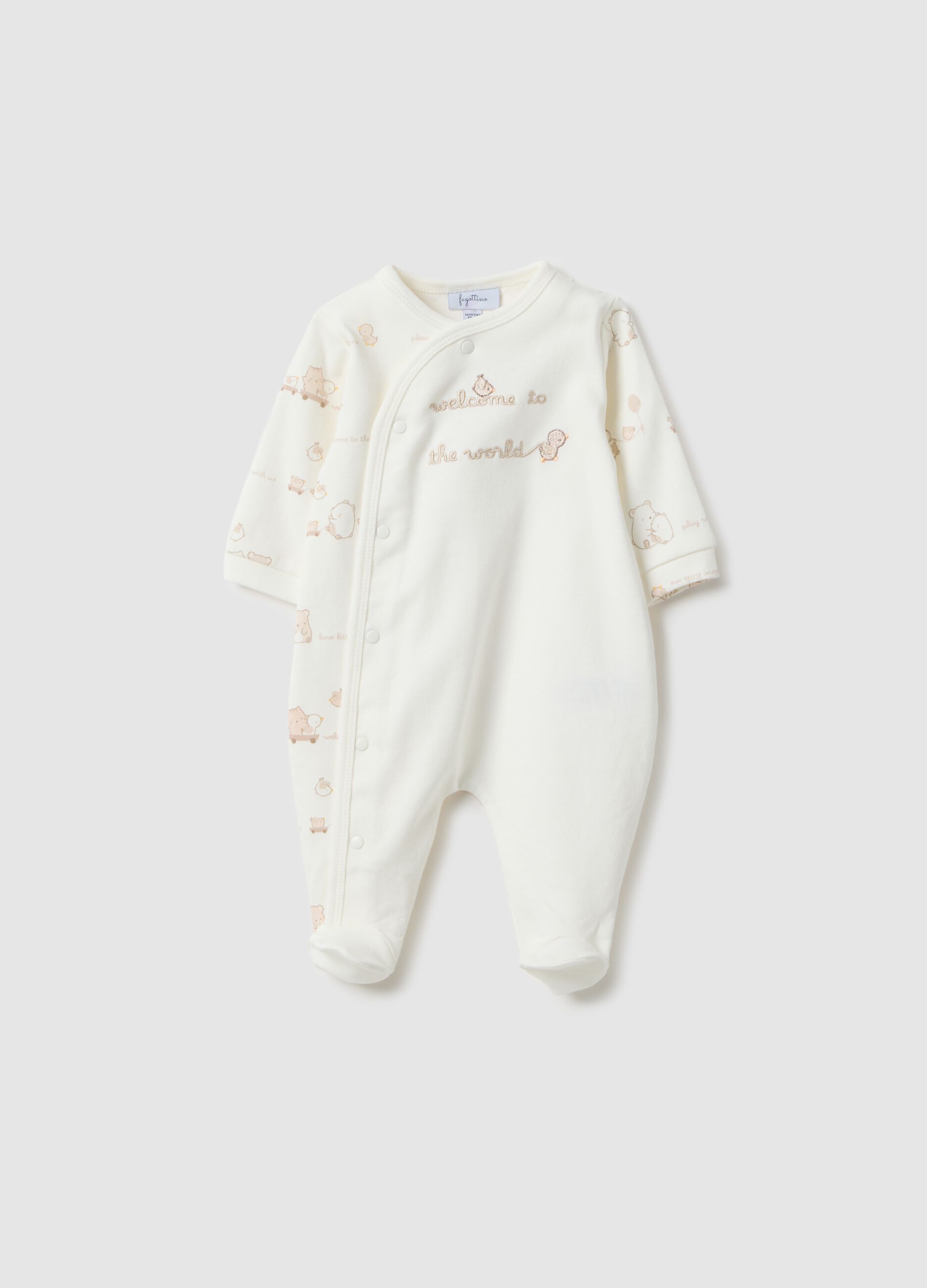 White newborn romper in pure cotton with long sleeves and embroidery