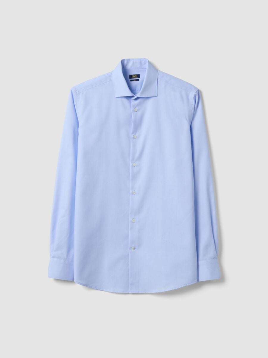 Camicia azzurra in puro cotone con colletto classico slim fit no iron_0