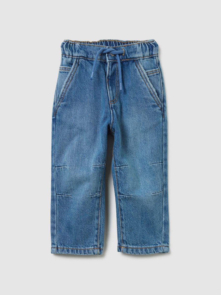 Pantaloni blu in denim con elastico e coulisse_0