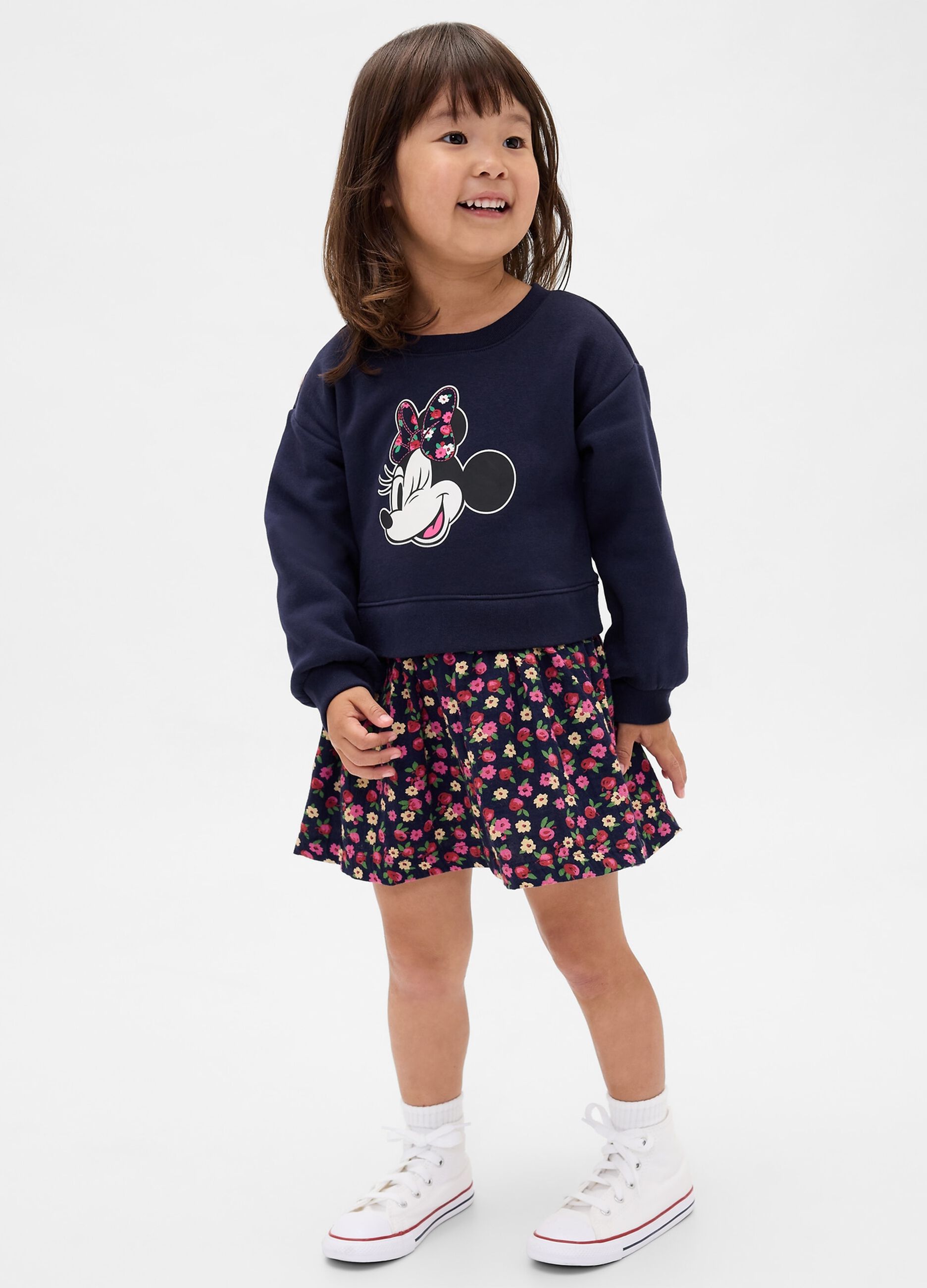 Blue dress with Minnie print and floral skirt