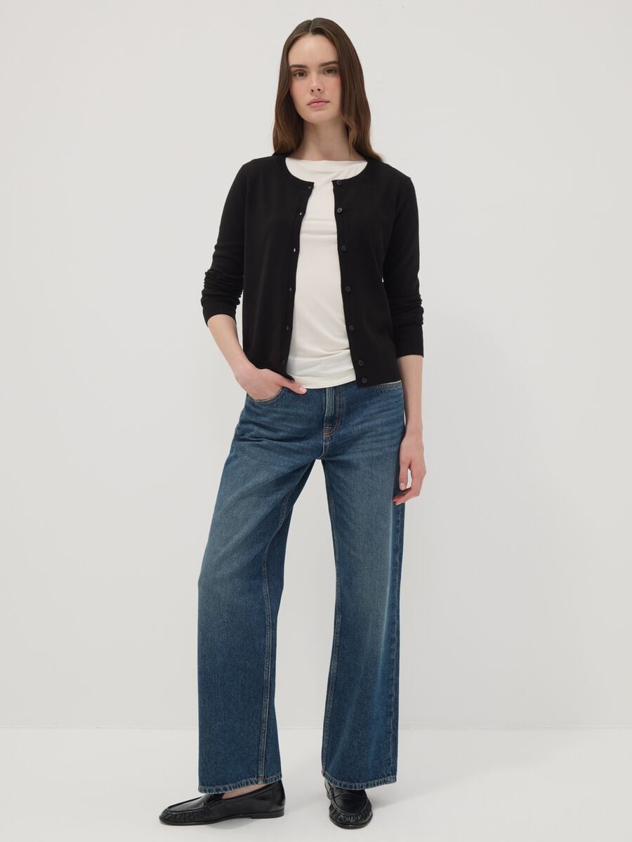 Black crew neck cardigan, regular fit in jersey knit_1