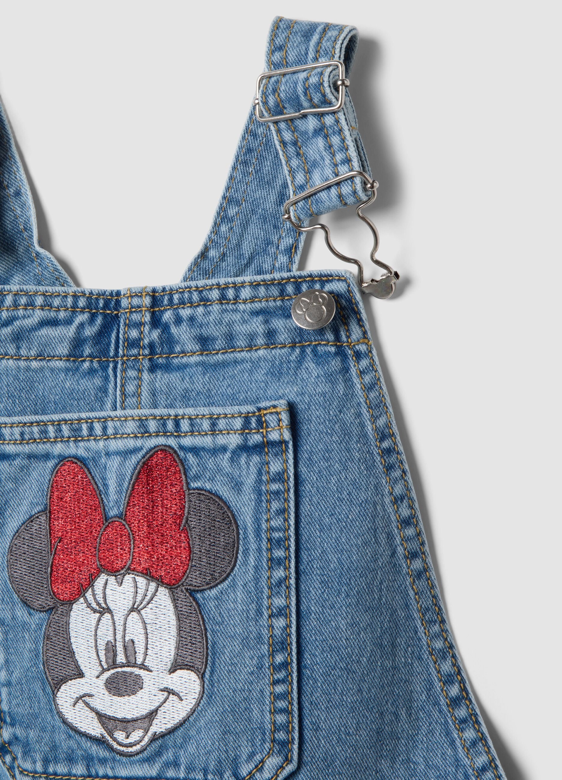 Girls&rsquo; blue denim dungarees in 100% cotton with Minnie embroidery