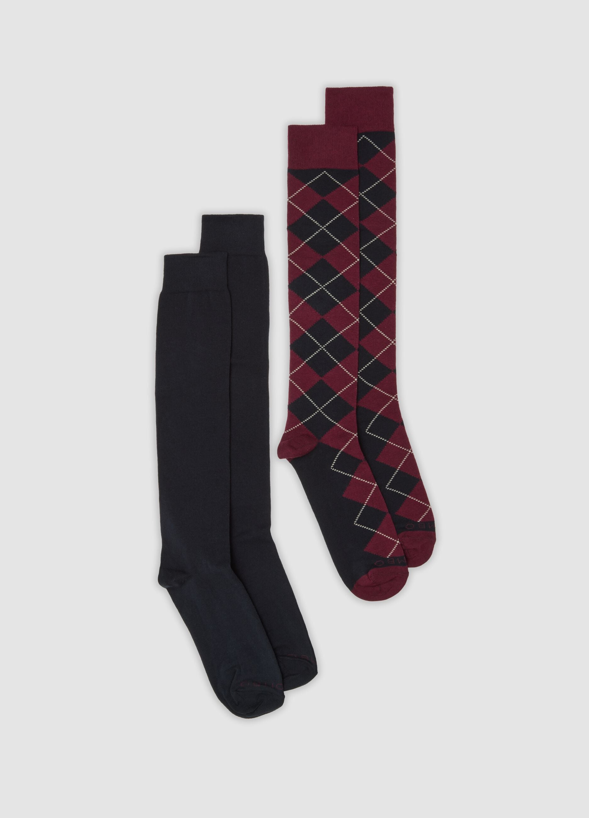 Two-pack of navy blue, burgundy red and ivory long socks in stretch cotton