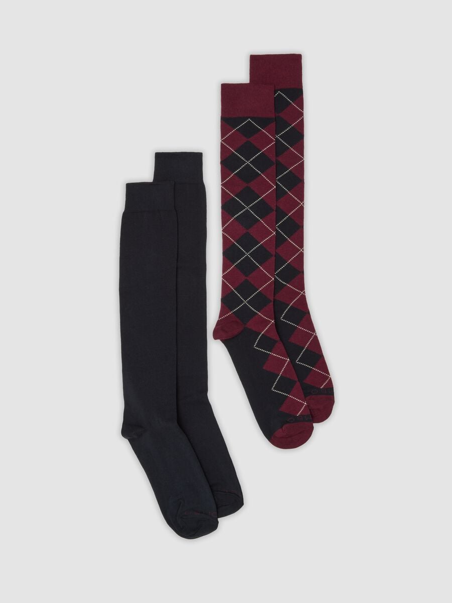 Two-pack of navy blue, burgundy red and ivory long socks in stretch cotton_0