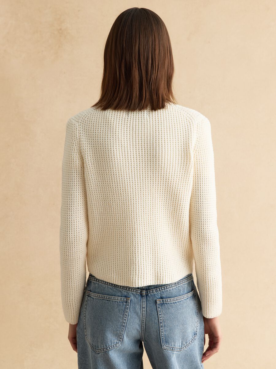 Cardigan in puro cotone bianco regular fit con design a maglia e bottoni_3