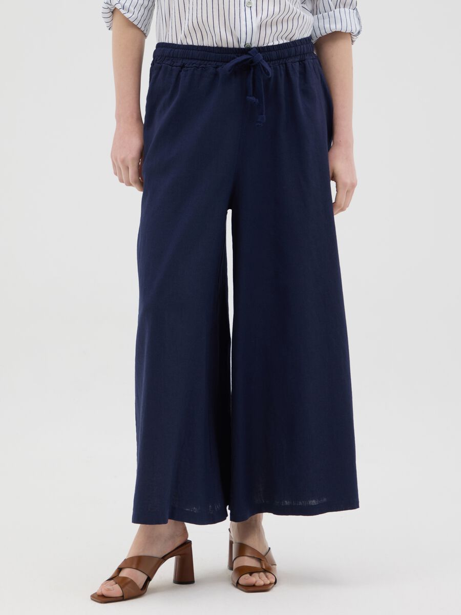 Women's blue palazzo trousers in regular fit cotton and linen_1