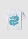 T-shirt bianca a maniche corte in puro cotone con stampa coccodrillo per bimbo over fit_0