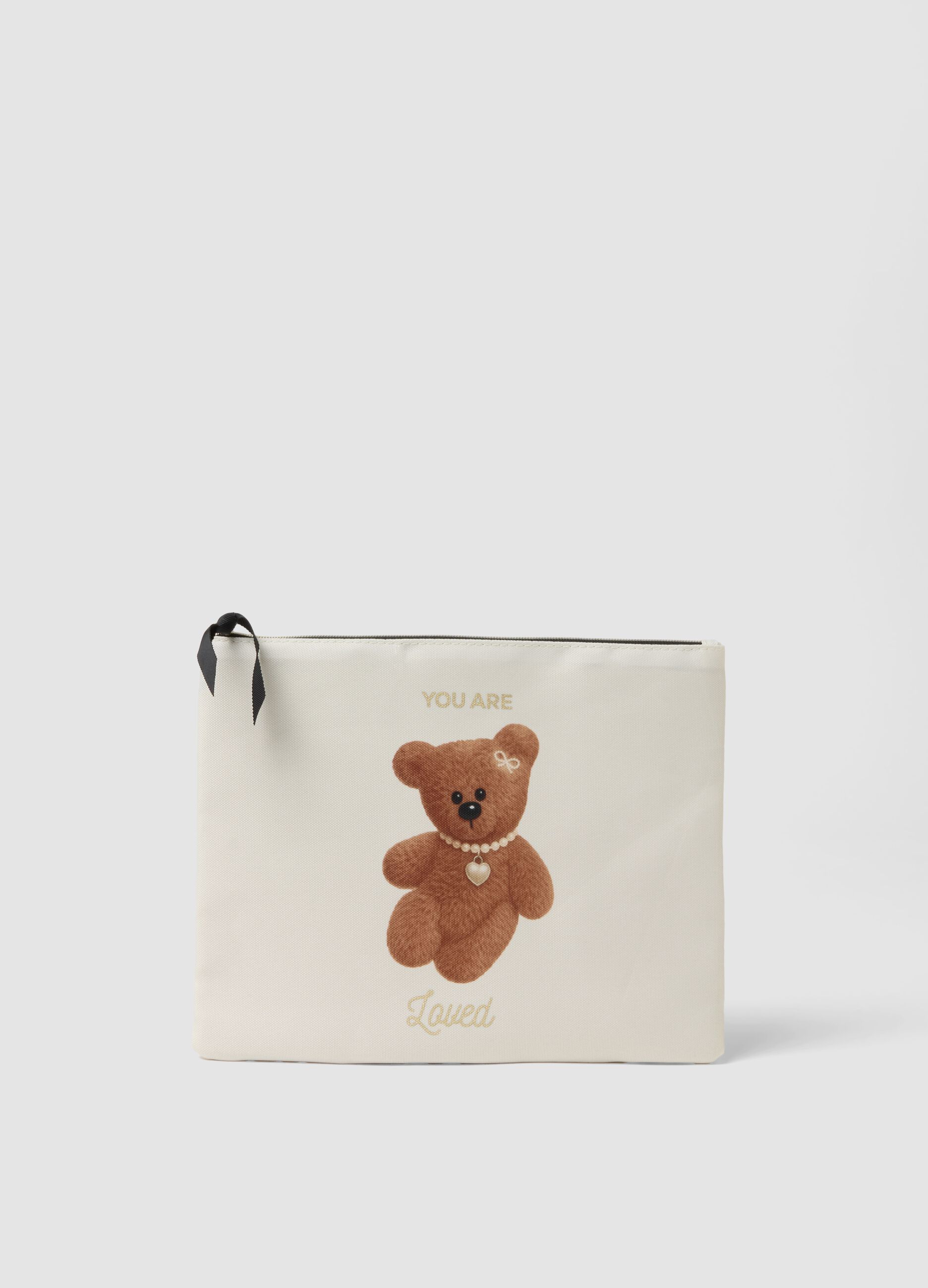 White teddy print pouch