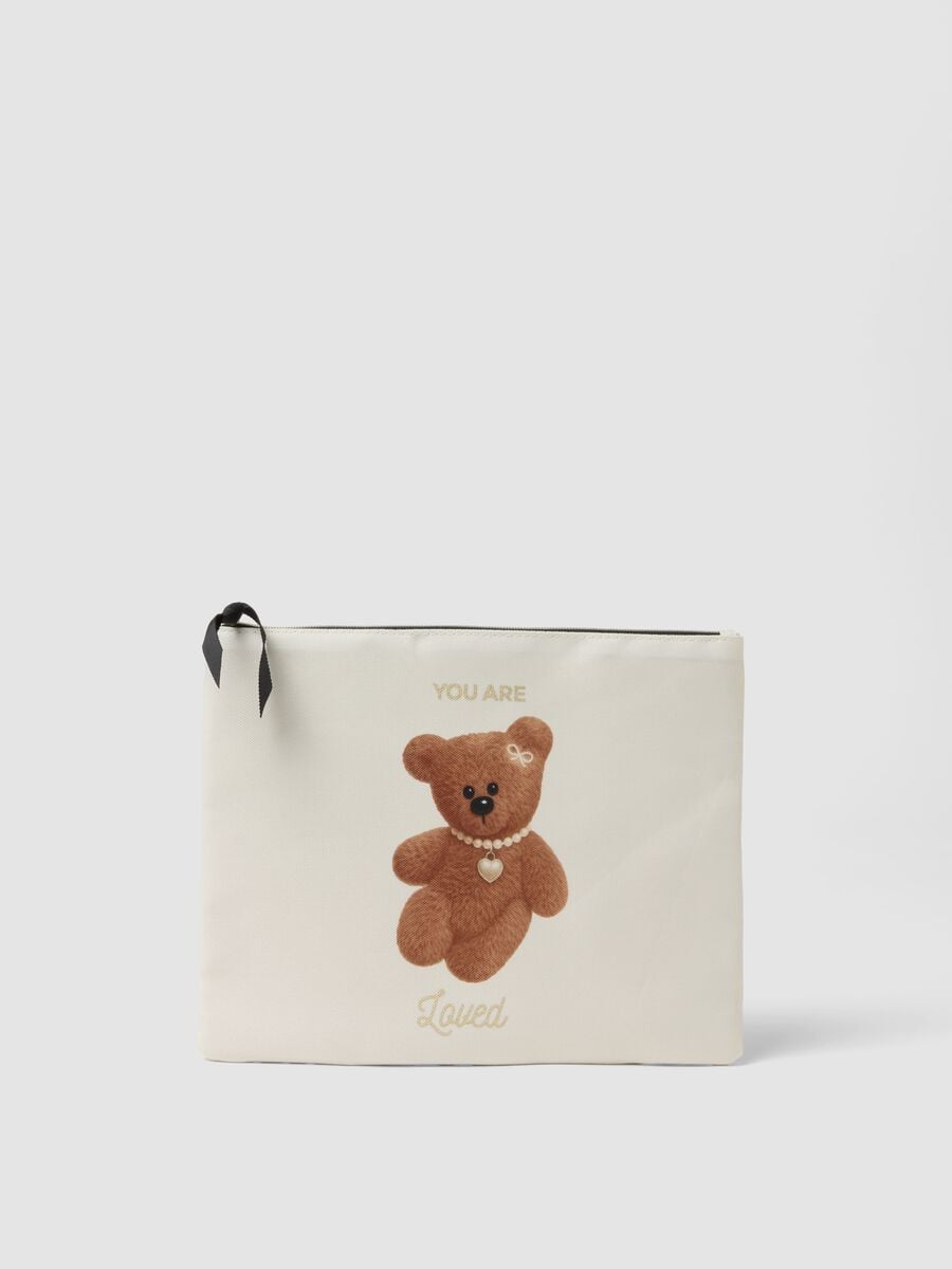 White teddy print pouch_0