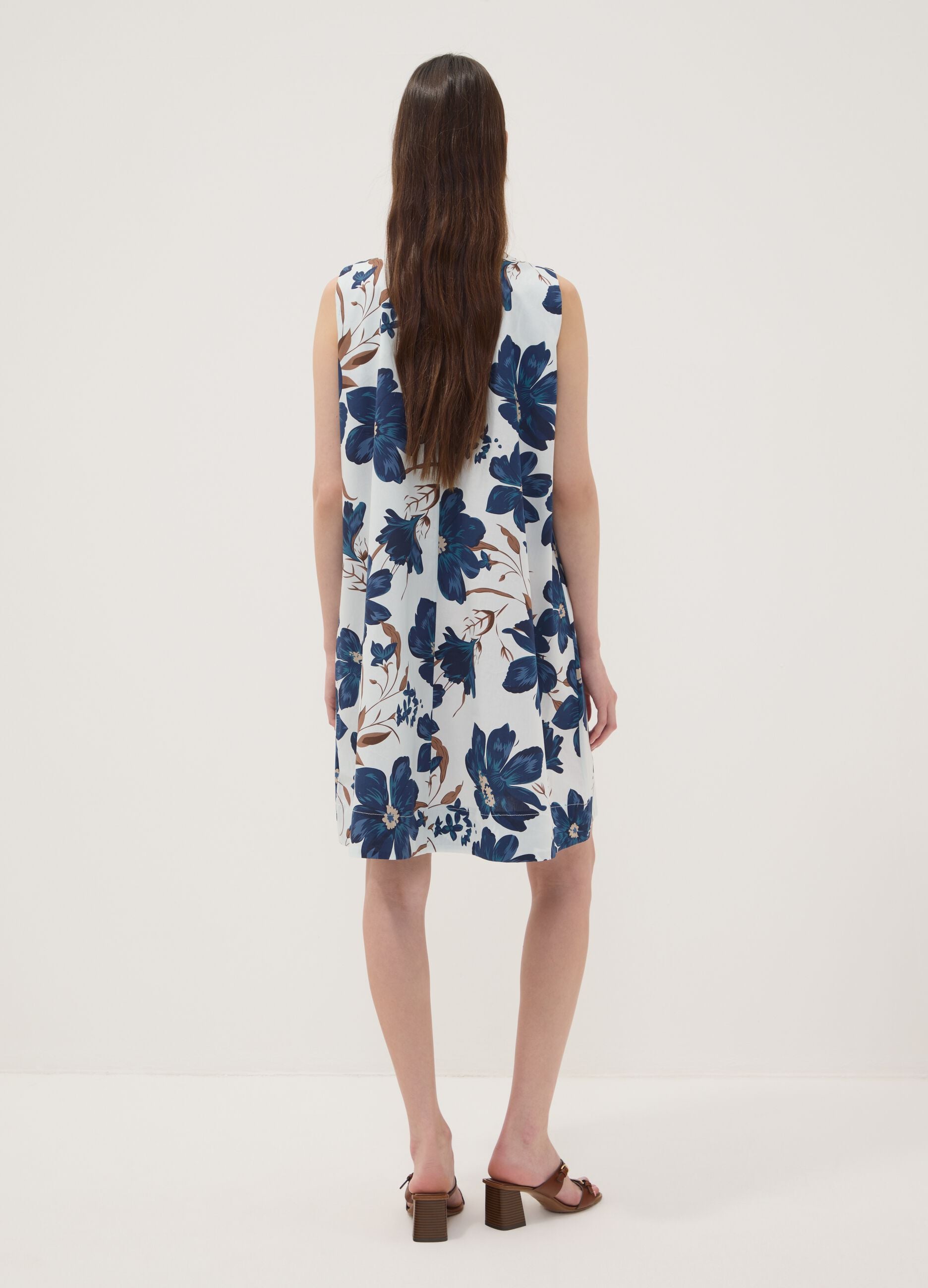White stretch cotton dress with floral print, regular fit