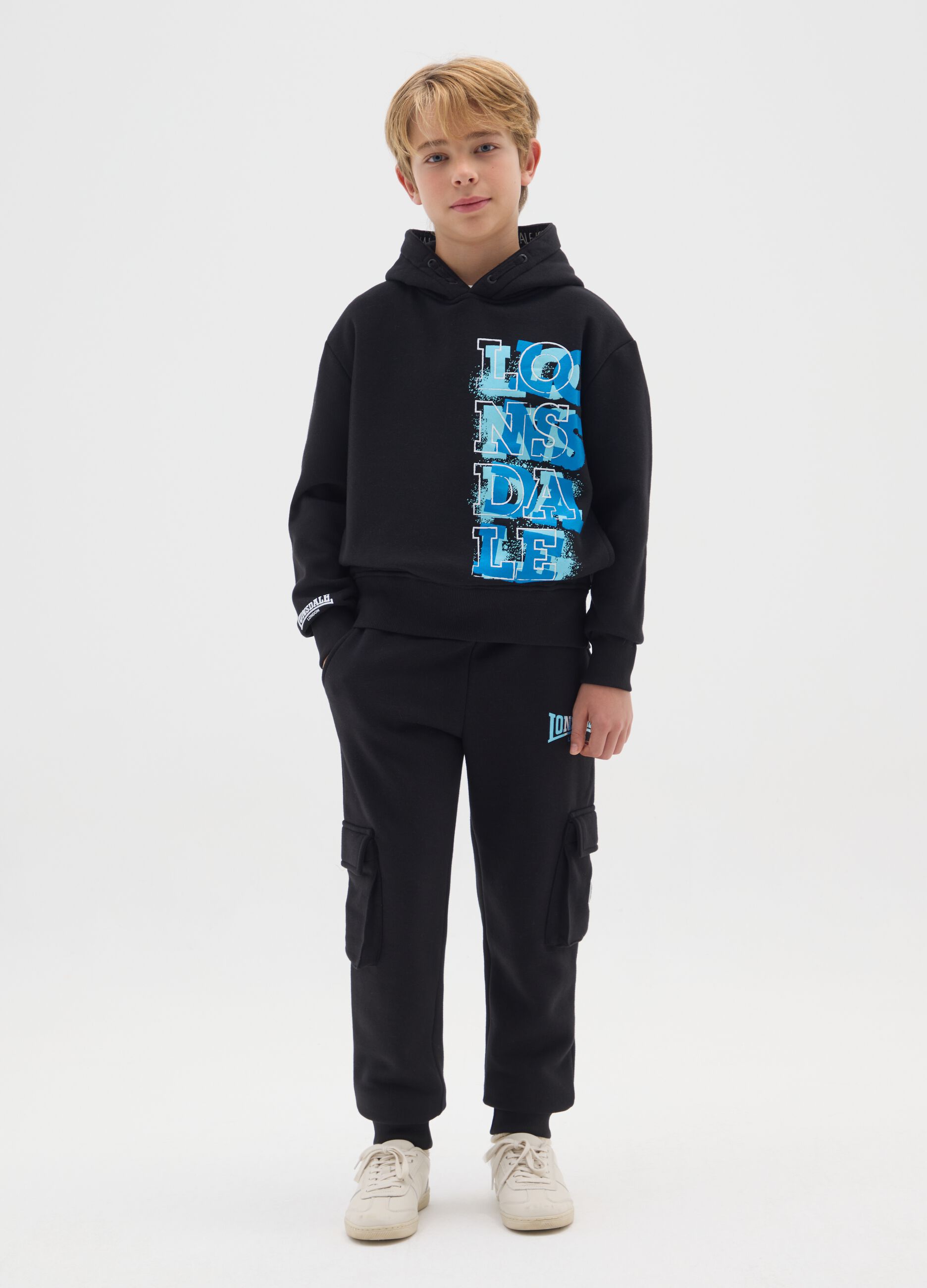 Children's black cotton blend trousers with cargo pockets